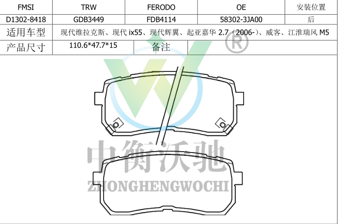 江淮 瑞风S7 2018款 运动版 1.5T 自动都市型 5座(HFC4GC1.6D) 中衡沃驰 ZHWC0176 后刹车片  