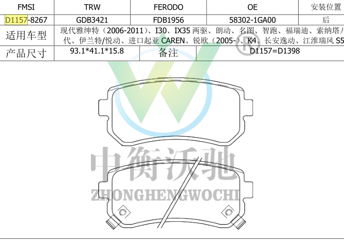 江淮 瑞风S7 2018款 运动版 1.5T 自动都市型 5座(HFC4GC1.6D) 中衡沃驰 ZHWC0172 后刹车片  