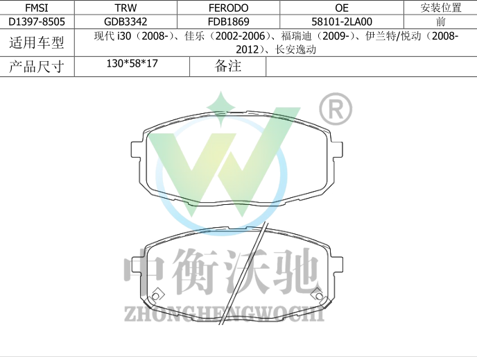 江淮 瑞风S7 2018款 运动版 1.5T 自动都市型 5座(HFC4GC1.6D) 中衡沃驰 ZHWC0169 前刹车片  