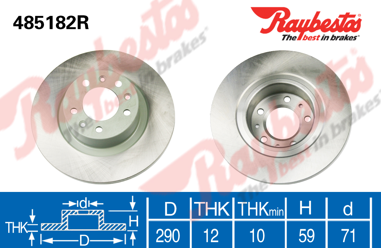 雪铁龙 C5 2016款 1.8T 自动尊享型(10UF51 6G01) BPI RAYBESTOS-485182T 后刹车盘 直径:290;节圆直径:108;中心孔直径:71;制动盘厚度:12;最小厚度:10;固定孔数量:5;总高:59;制动盘类型:实心盘 