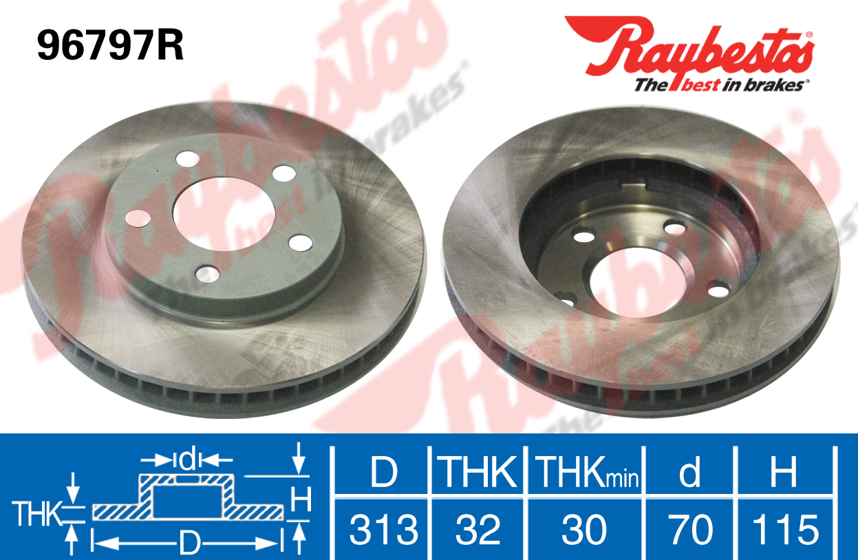 北汽制造 勇士 2014款 2.5T 五门四驱柴油版(JE4D25E) BPI RAYBESTOS-96797T 前刹车盘 直径:313;节圆直径:144;中心孔直径:115;制动盘厚度:32;最小厚度:30;总高:70;固定孔数量:5;制动盘类型:通风盘 