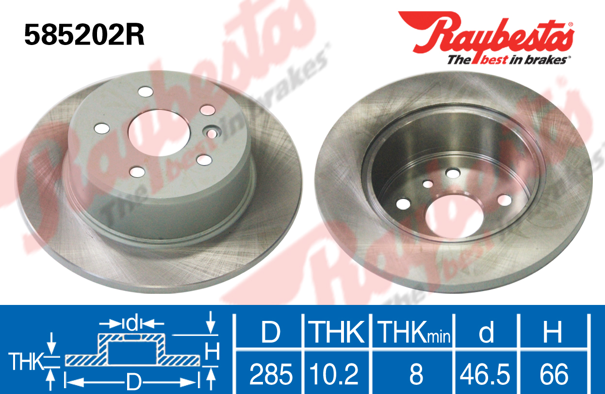 奇瑞 艾瑞泽5 2016款 1.5L CVT智效领动版(SQRE4G15B) BPI RAYBESTOS-585202R 后刹车盘 直径:285;节圆直径:108;中心孔直径:65.7;制动盘厚度:10;最小厚度:8;固定孔数量:5;定位孔数量:1;总高:46.5 