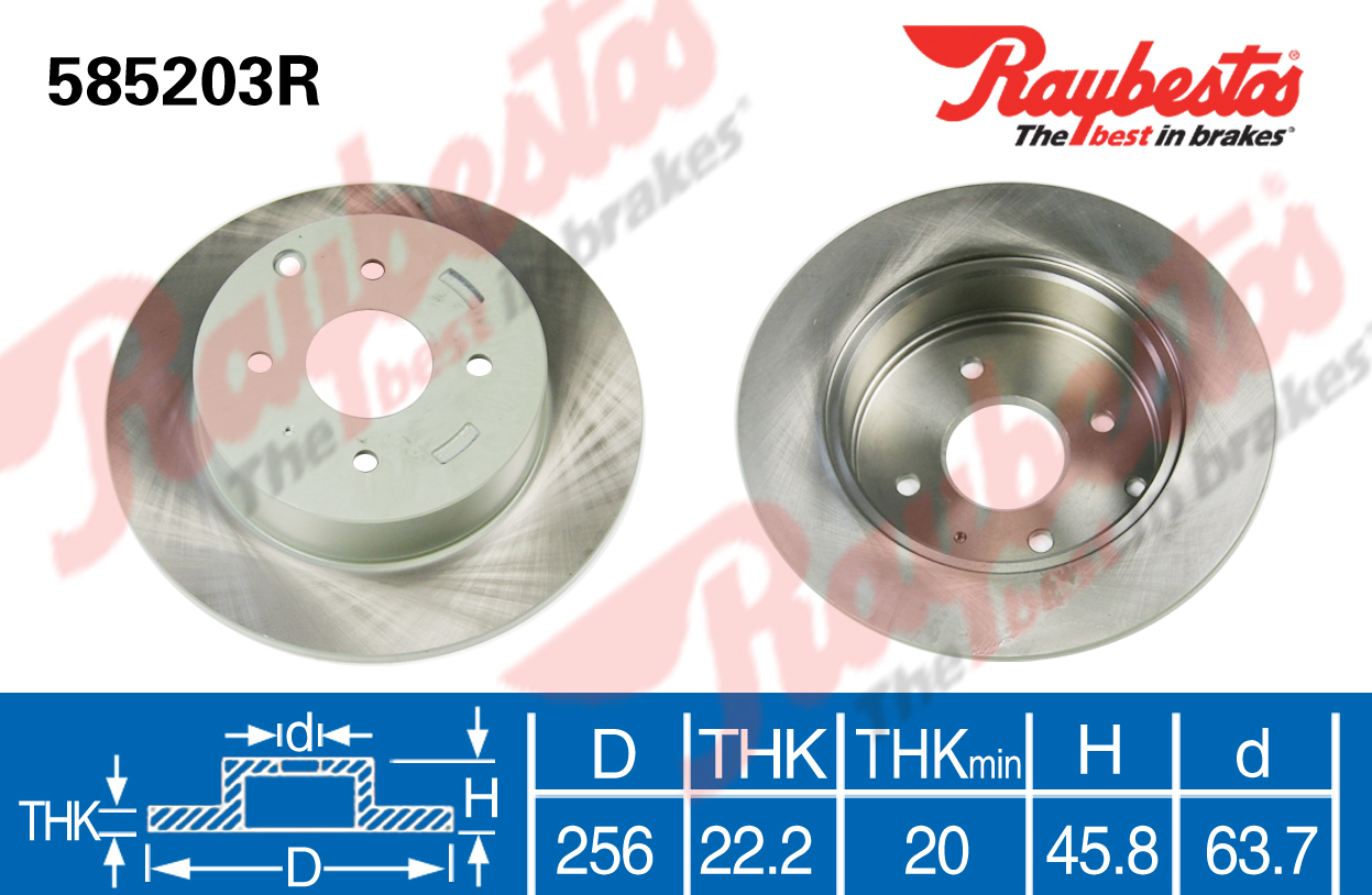 长安 悦翔 2010款 两厢 1.5L 手动舒适型(JL475Q7) BPI RAYBESTOS-585203R 前刹车盘 直径:256;节圆直径:90;中心孔直径:63.7;制动盘厚度:22.2;最小厚度:20;总高:45.8;固定孔数量:4 