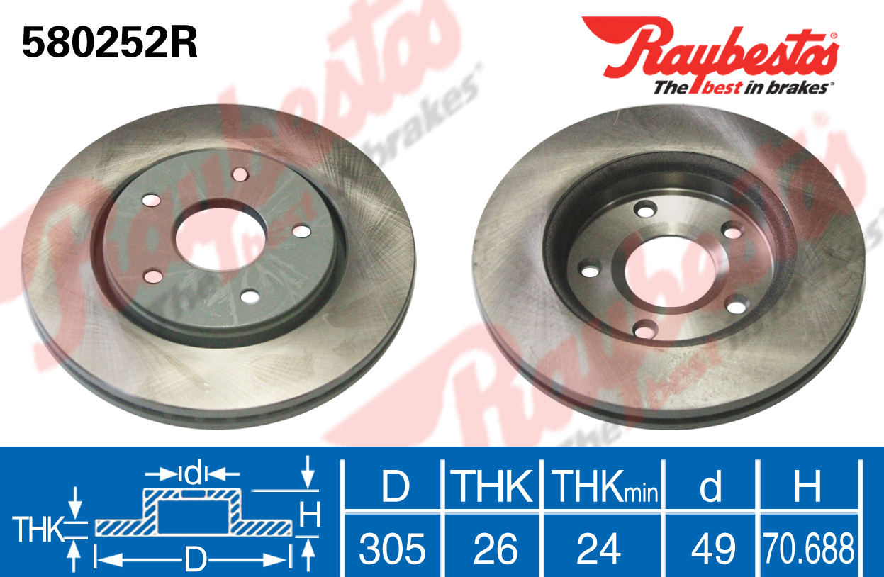 凯迪拉克 XLR 2008款 4.6L(LH2) BPI RAYBESTOS-580252T 后刹车盘 直径:305;节圆直径:120.7;中心孔直径:70.688;制动盘厚度:26;最小厚度:24;固定孔数量:5;总高:49 
