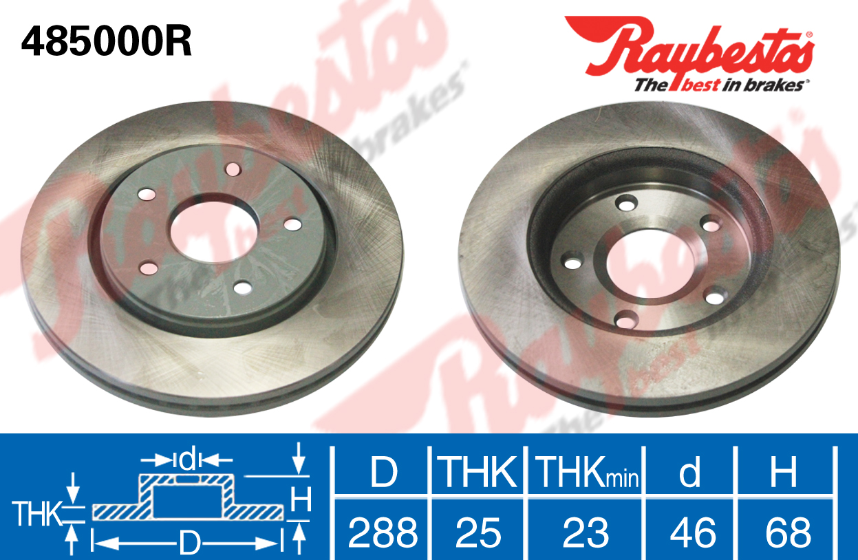 奥迪 A6 2001款 2.8L(ANQ) BPI RAYBESTOS-485000T 前刹车盘 直径:288;节圆直径:112;中心孔直径:68;制动盘厚度:25;最小厚度:23;总高:46;固定孔数量:5;制动盘类型:通风盘 