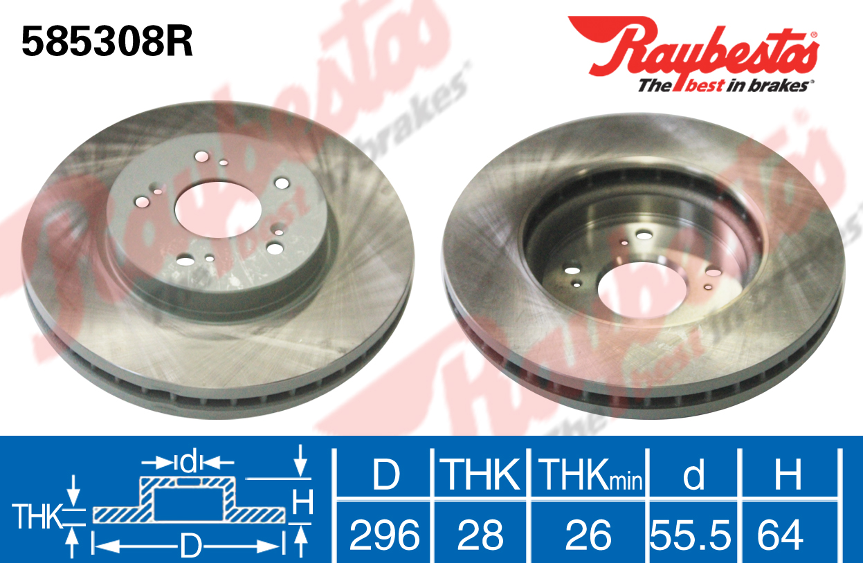 WEY VV6 2018款 2.0T 两驱超豪型 国V(GW4C20) BPI RAYBESTOS-585308R 前刹车盘 直径:296;节圆直径:114.3;中心孔直径:64;制动盘厚度:28;最小厚度:26;总高:47;固定孔数量:5;定位孔数量:2+2;制动盘类型:通风盘 