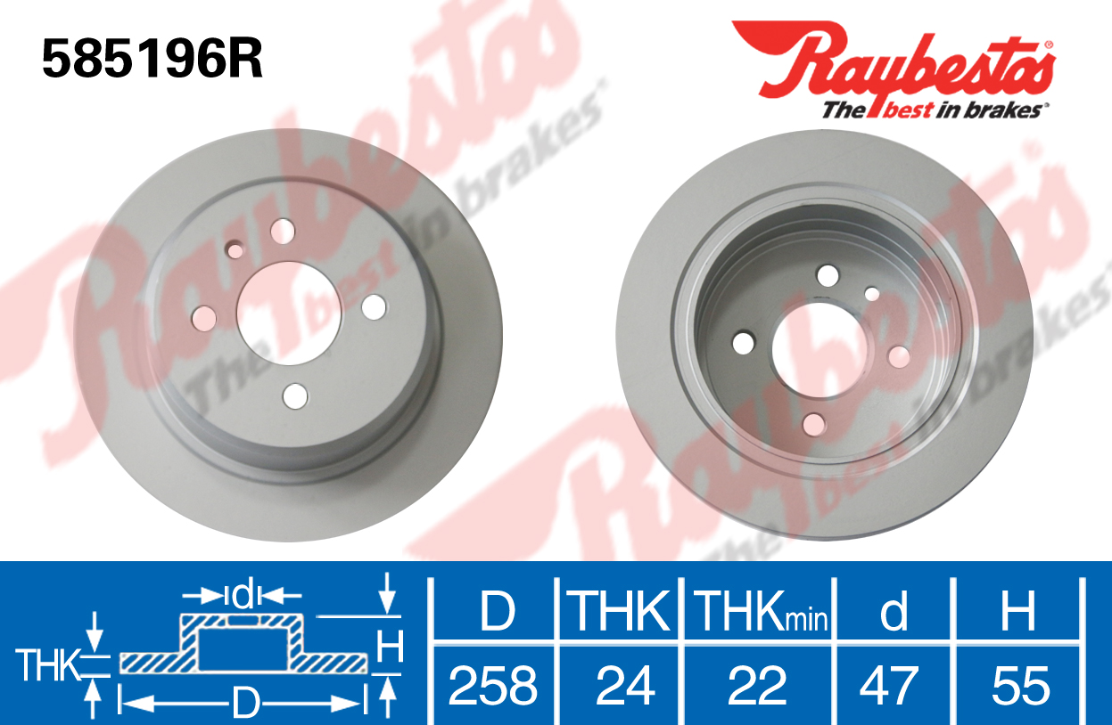 海马 福美来 2009款 1.6L 自动超值版(ZM-D) BPI RAYBESTOS-585196R 前刹车盘 直径:258;节圆直径:100;中心孔直径:55;制动盘厚度:24;最小厚度:22;总高:47;固定孔数量:4;定位孔数量:1;制动盘类型:通风盘 