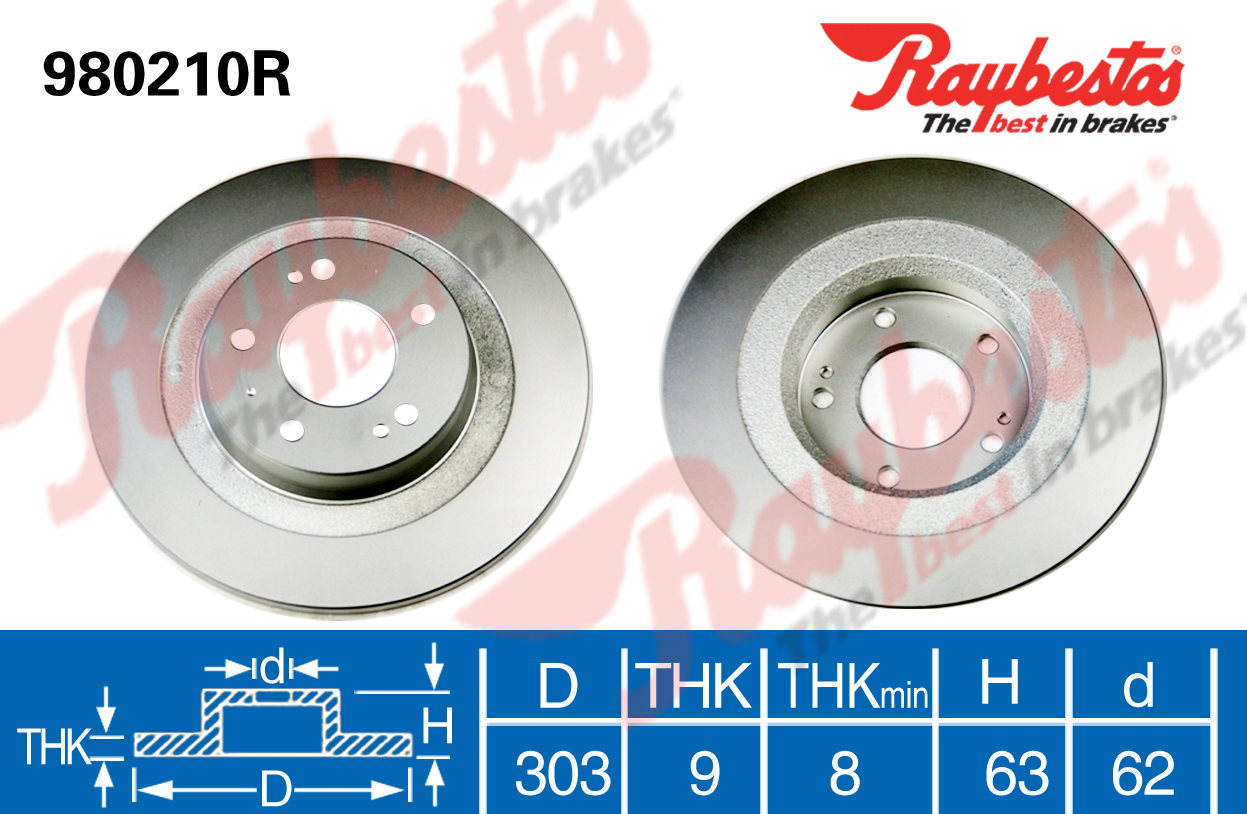 奇瑞 瑞虎 2009款 经典版 1.6L 手动舒适型(SQR481F) BPI RAYBESTOS-980210R 后刹车盘 直径:303;节圆直径:114.3;中心孔直径:62;制动盘厚度:9;最小厚度:8;固定孔数量:5;总高:63 