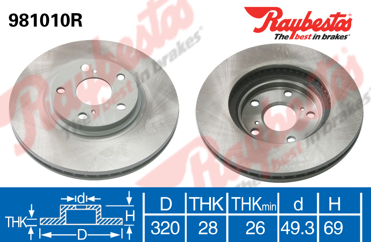 现代 全新胜达(进口) 2013款 3.0L 四驱舒适版 7座 欧IV(G6DG) BPI RAYBESTOS-981010T 前刹车盘 直径:320;节圆直径:114.3;中心孔直径:69;制动盘厚度:28;最小厚度:26.4;总高:49.3;固定孔数量:5;制动盘类型:通风盘 