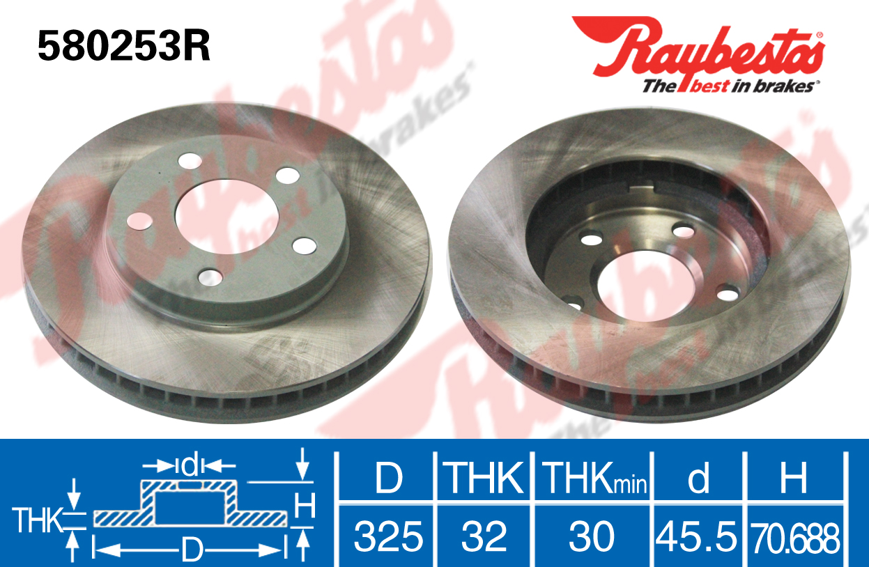 凯迪拉克 XLR 2008款 4.6L(LH2) BPI RAYBESTOS-580253T 前刹车盘 直径:325;节圆直径:120;中心孔直径:70.688;制动盘厚度:32;最小厚度:30;总高:45.5;固定孔数量:5 