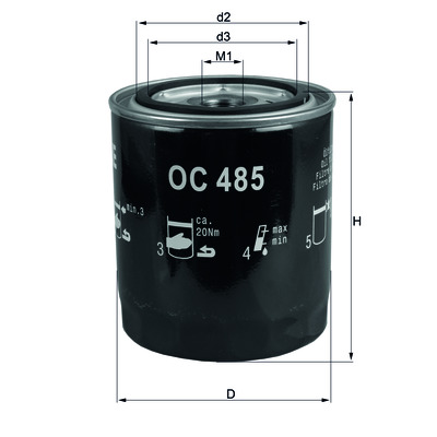 奥迪 A4 2004款 1.8T Sline(BKB) 马勒 OC485 机滤 外壳直径 (h):110.5 mm;接头螺纹 (M1):3/4"-16UNF-2B;内径 (d3):62.0 mm 