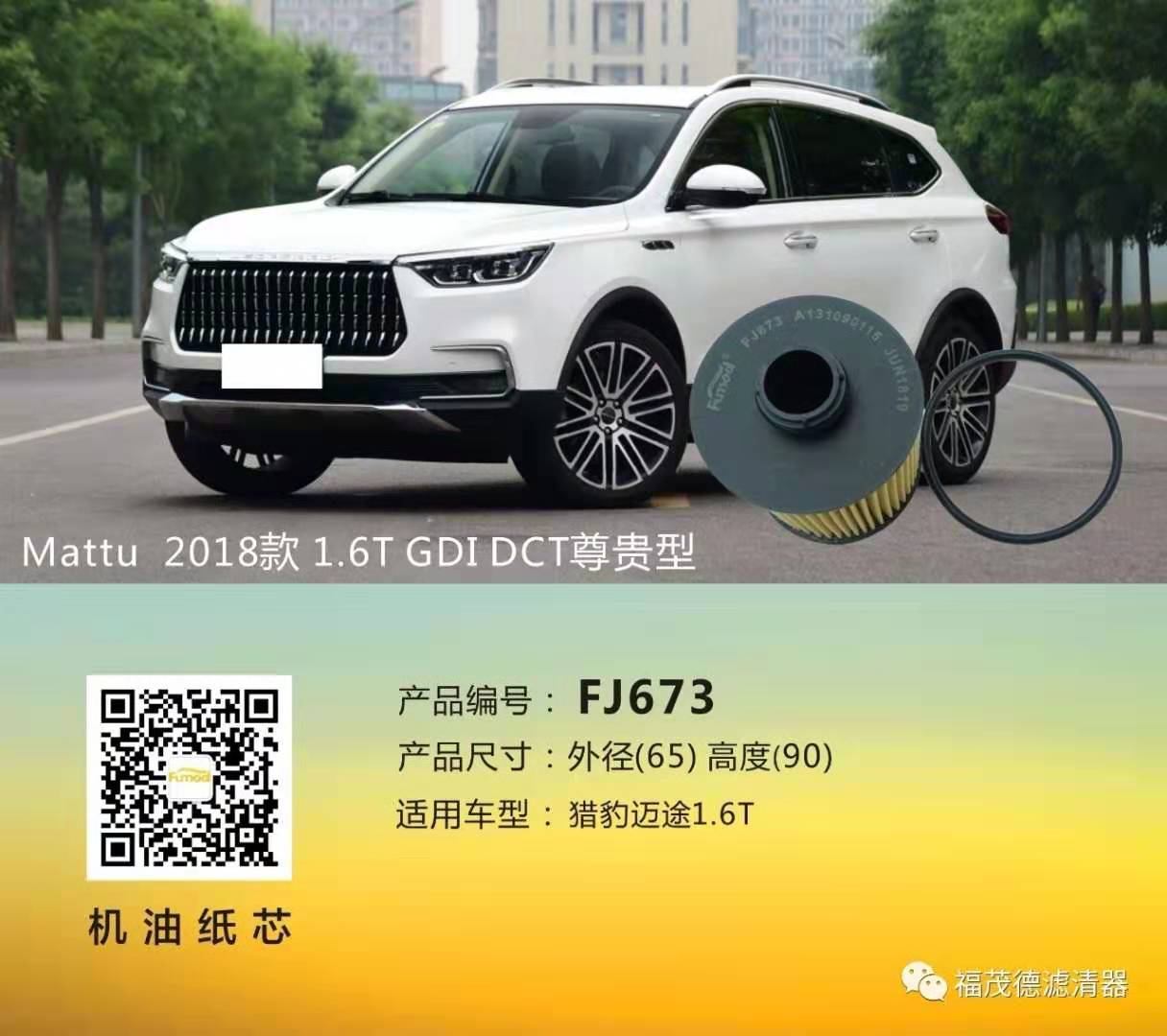 猎豹汽车 Mattu 2018款 1.6T GDI DCT旗舰型(CE16) 福茂德 FJ673 机滤  产品可以通用FJ642胶圈通用FJ67