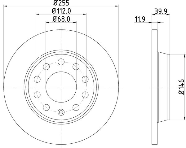 奥迪 A4 2004款 1.8T Sline(BKB) 博仕熊 XH3016 后刹车盘 直径:255;节圆直径:112;中心孔直径:68;制动盘厚度:11.9;最小厚度:10;固定孔数量:10;定位孔数量:0;总高:39.9;制动盘类型:实心盘 