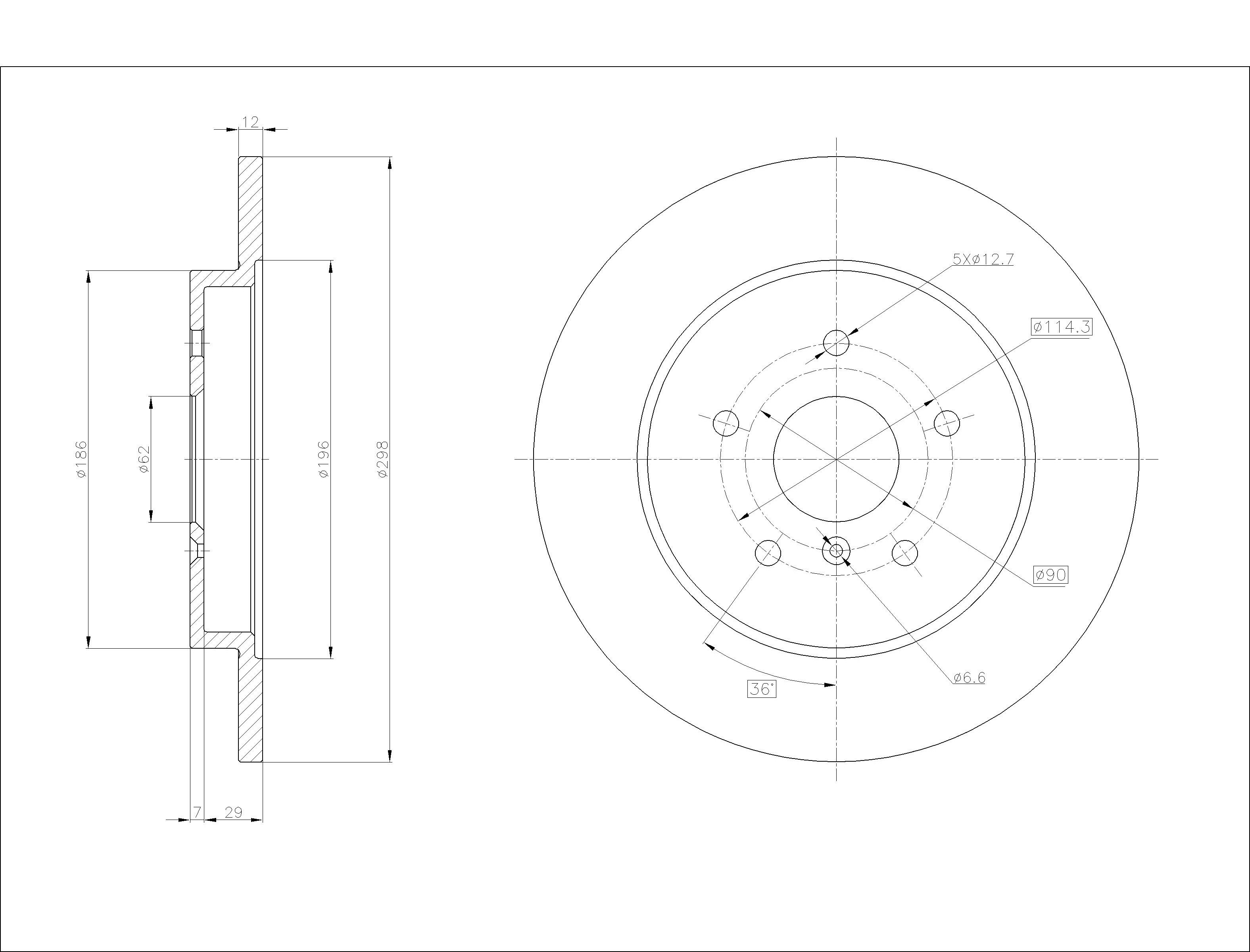 长安 CS75 2016款 2.0L 手动舒适型 国IV(JL486Q5) 博仕熊 XH3837 后刹车盘 直径:298;节圆直径:114.3;中心孔直径:62;制动盘厚度:12;最小厚度:10;固定孔数量:5;定位孔数量:1;总高:35.7;制动盘类型:实心盘 