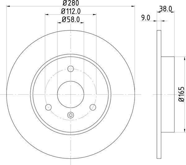smart smart fortwo 2012款 1.0 MHD 敞篷烈焰特别版(3B21(132 910)) 博仕熊 XH4013 前刹车盘 直径:280;节圆直径:112;中心孔直径:58;制动盘厚度:9.7;最小厚度:8;总高:38.2;固定孔数量:3;定位孔数量:1;制动盘类型:实心盘 