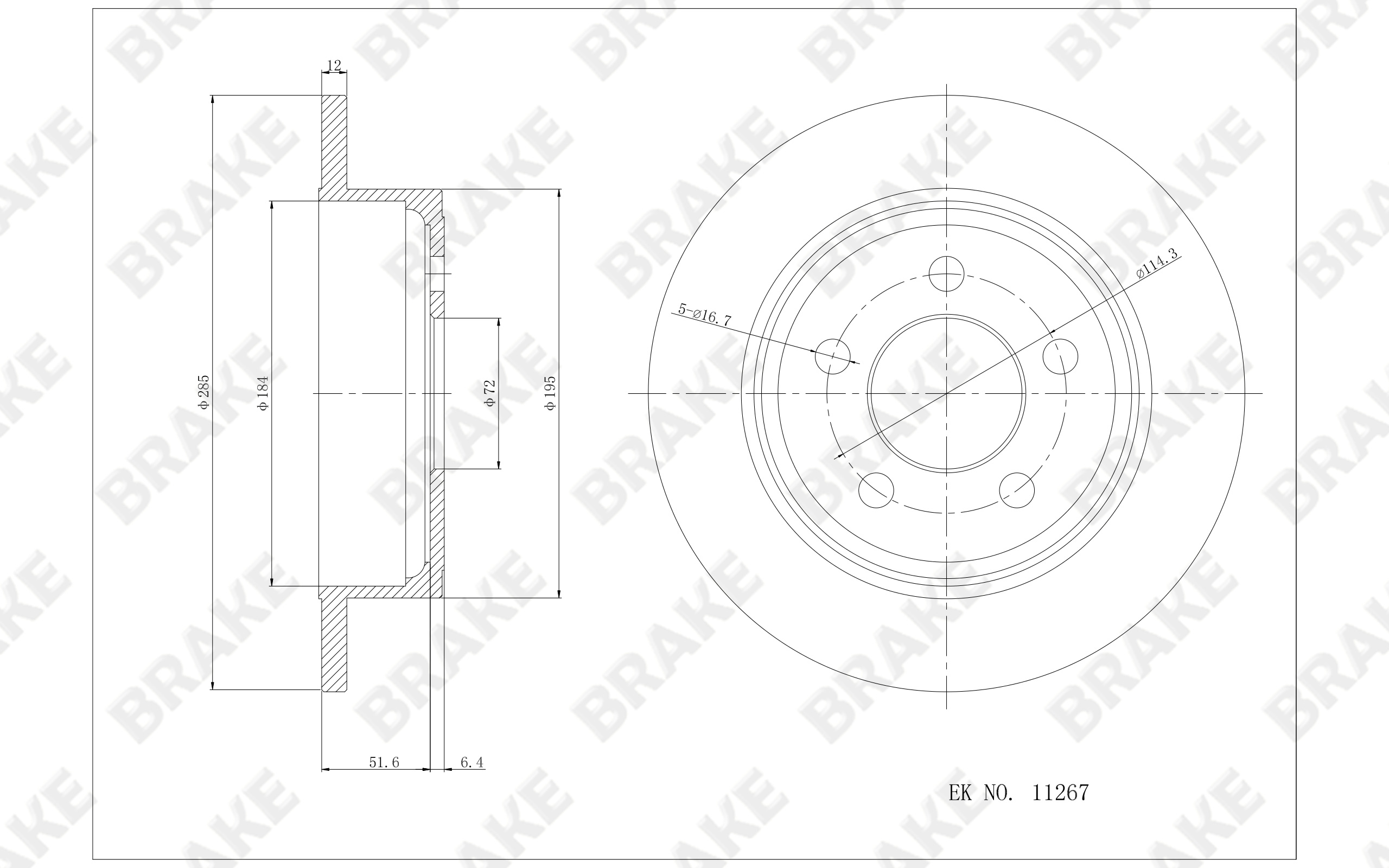 Jeep 自由人 2012款 北极版 BRAKE EK11267 后刹车盘 直径:285;节圆直径:114.3;中心孔直径:72;制动盘厚度:12;最小厚度:11;固定孔数量:5;总高:59;制动盘类型:实心盘 