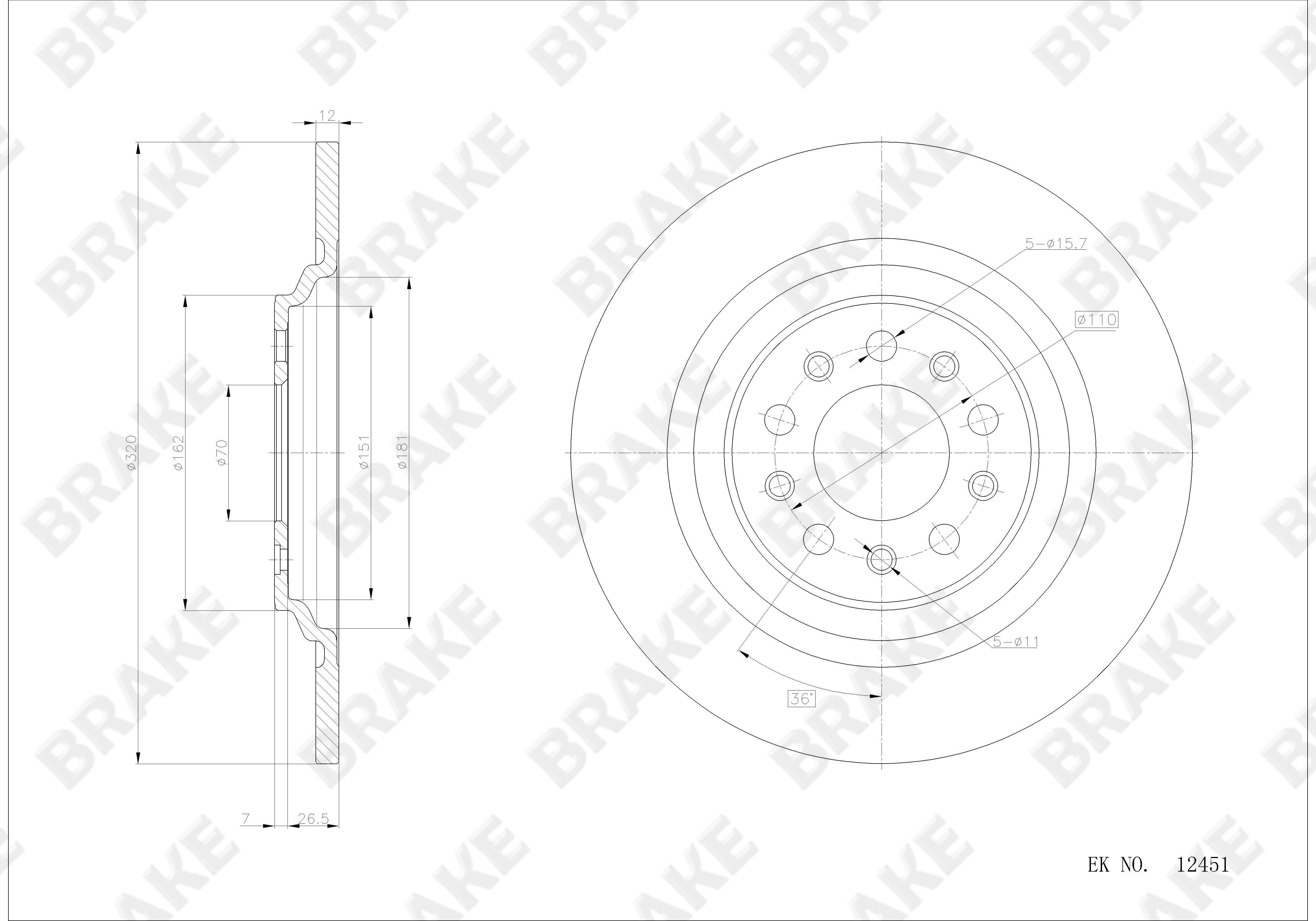 Jeep 自由光(进口) 2018款 Latitude BRAKE EK12451 后刹车盘 直径:320;节圆直径:110;中心孔直径:70;制动盘厚度:12;最小厚度:10.4;固定孔数量:5;总高:33;制动盘类型:实心盘 