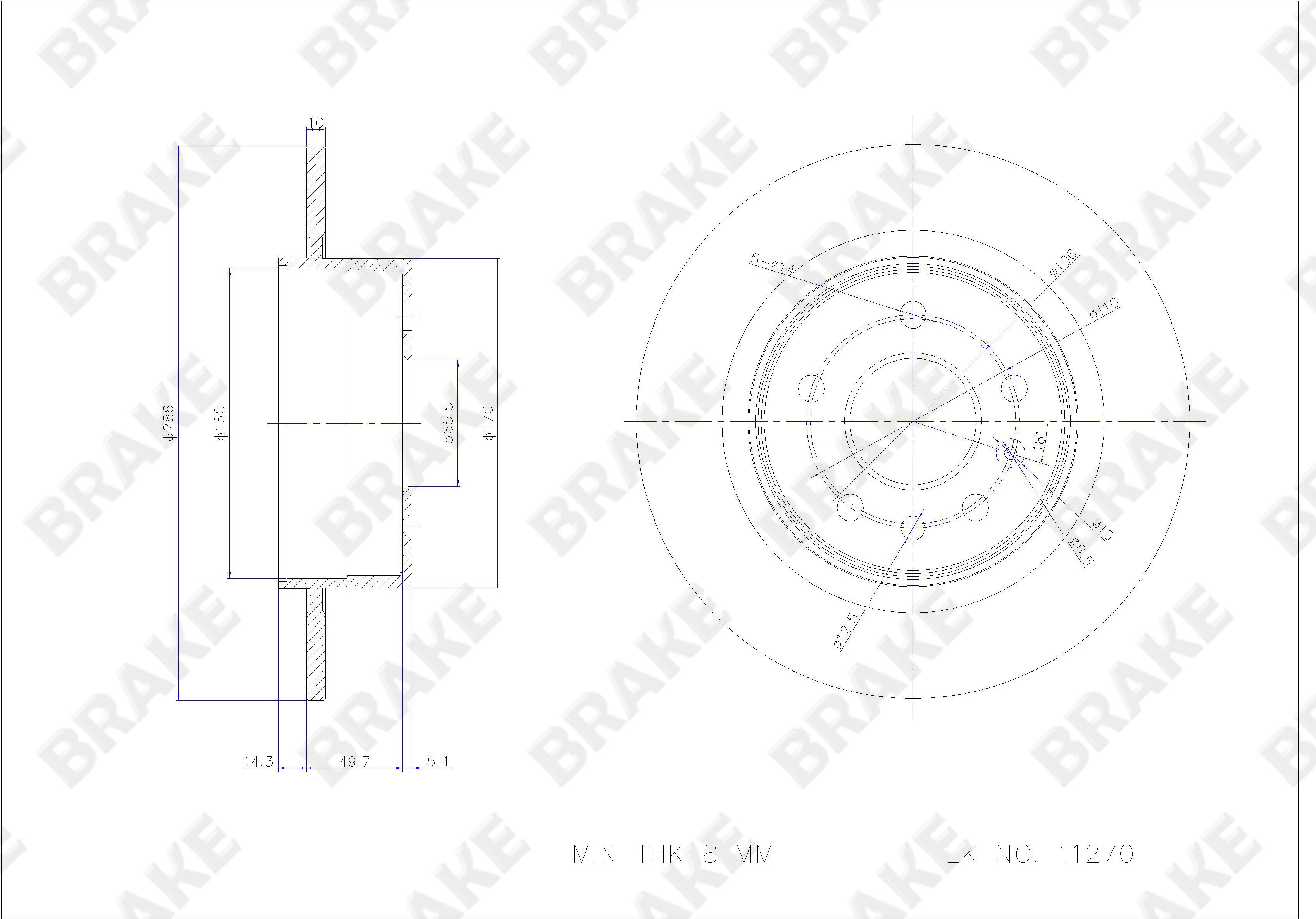 萨博 Saab 9-5 2006款 Aero 2.3TS(B235R) BRAKE EK11270 后刹车盘 直径:286;节圆直径:110;中心孔直径:65.55;制动盘厚度:10;最小厚度:8;固定孔数量:5;总高:69;制动盘类型:实心盘 