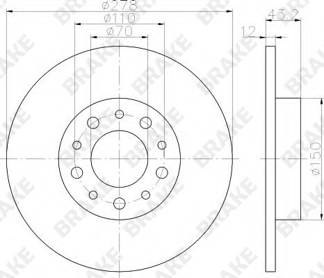 Jeep 指南者 2019款 200TS 自动高性能四驱-互联大屏版(M096) BRAKE EK12044 后刹车盘 直径:278;节圆直径:110;中心孔直径:70;制动盘厚度:12;最小厚度:10;固定孔数量:5;总高:43;制动盘类型:实心盘 