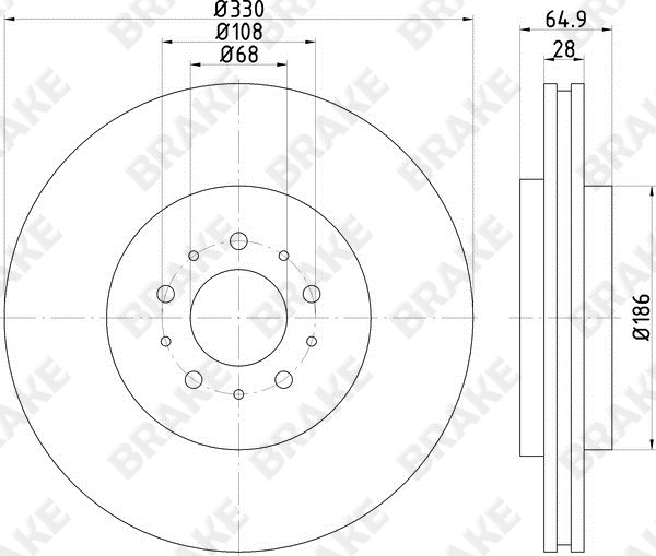 沃尔沃 S60 2004款 2.5R(B5254T4) BRAKE EK23105 后刹车盘 直径:330;节圆直径:108;中心孔直径:68;制动盘厚度:28;最小厚度:26;固定孔数量:5;总高:65;制动盘类型:通风盘 