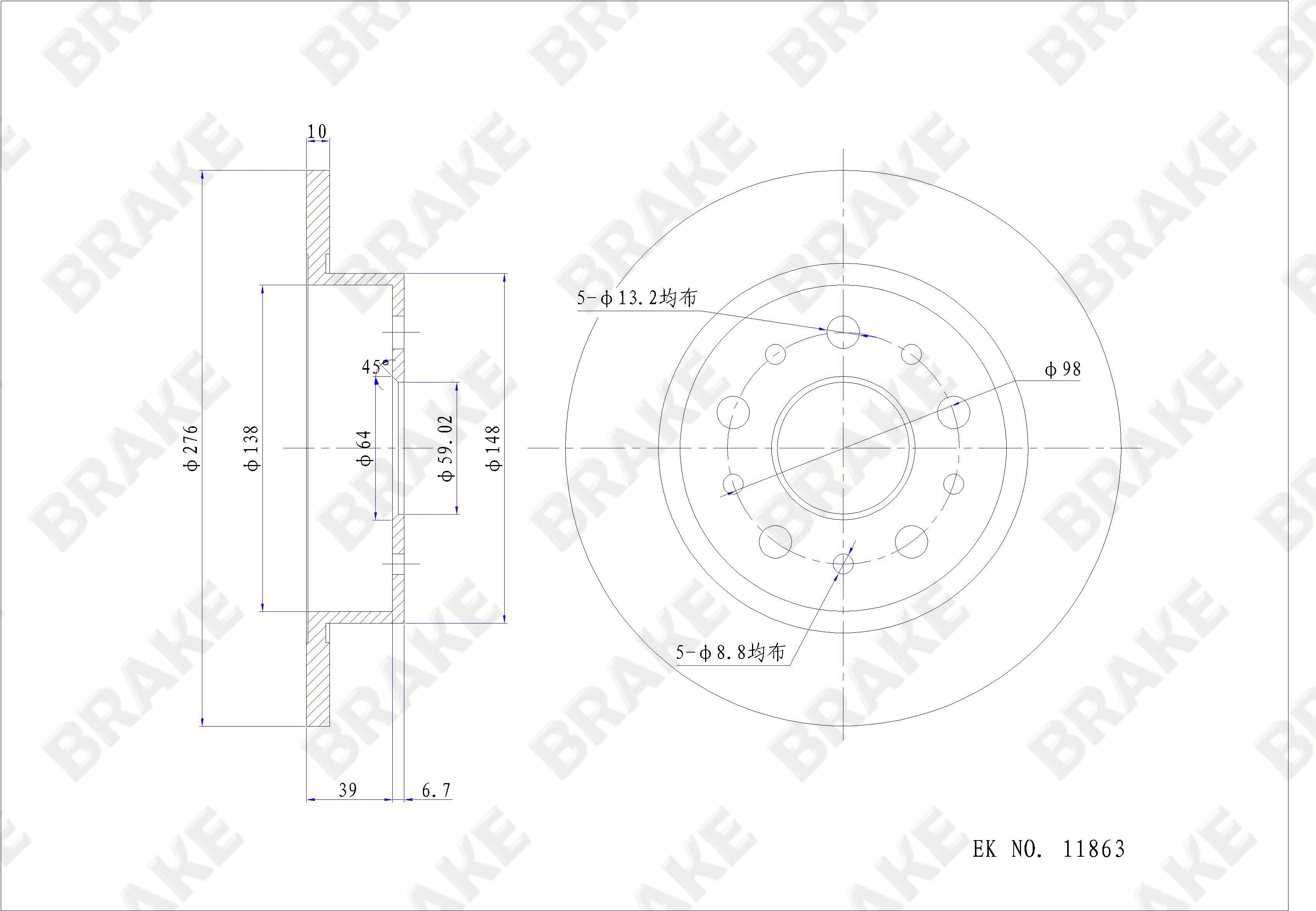 阿尔法·罗密欧 ALFA GT 2004款 3.2(932 A.000) BRAKE EK11863 后刹车盘 直径:276;节圆直径:98;中心孔直径:59;制动盘厚度:10;最小厚度:9;固定孔数量:5;总高:46;制动盘类型:实心盘 