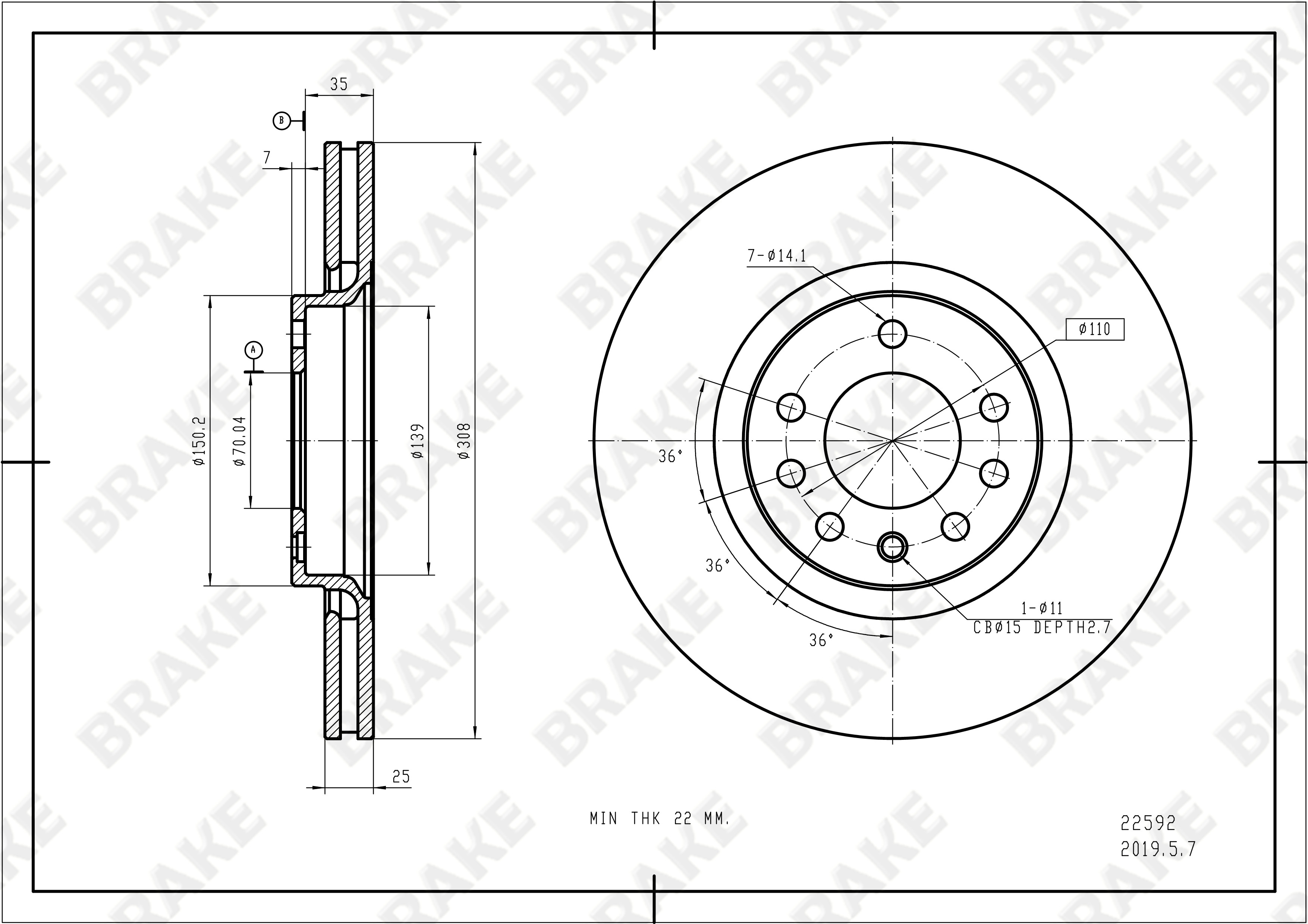 萨博 Saab 9-5 2004款 2.3T ARC(B235E) BRAKE EK22592 前刹车盘 直径:308;节圆直径:110;中心孔直径:70.05;制动盘厚度:25;最小厚度:22;总高:42;固定孔数量:5;制动盘类型:通风盘 