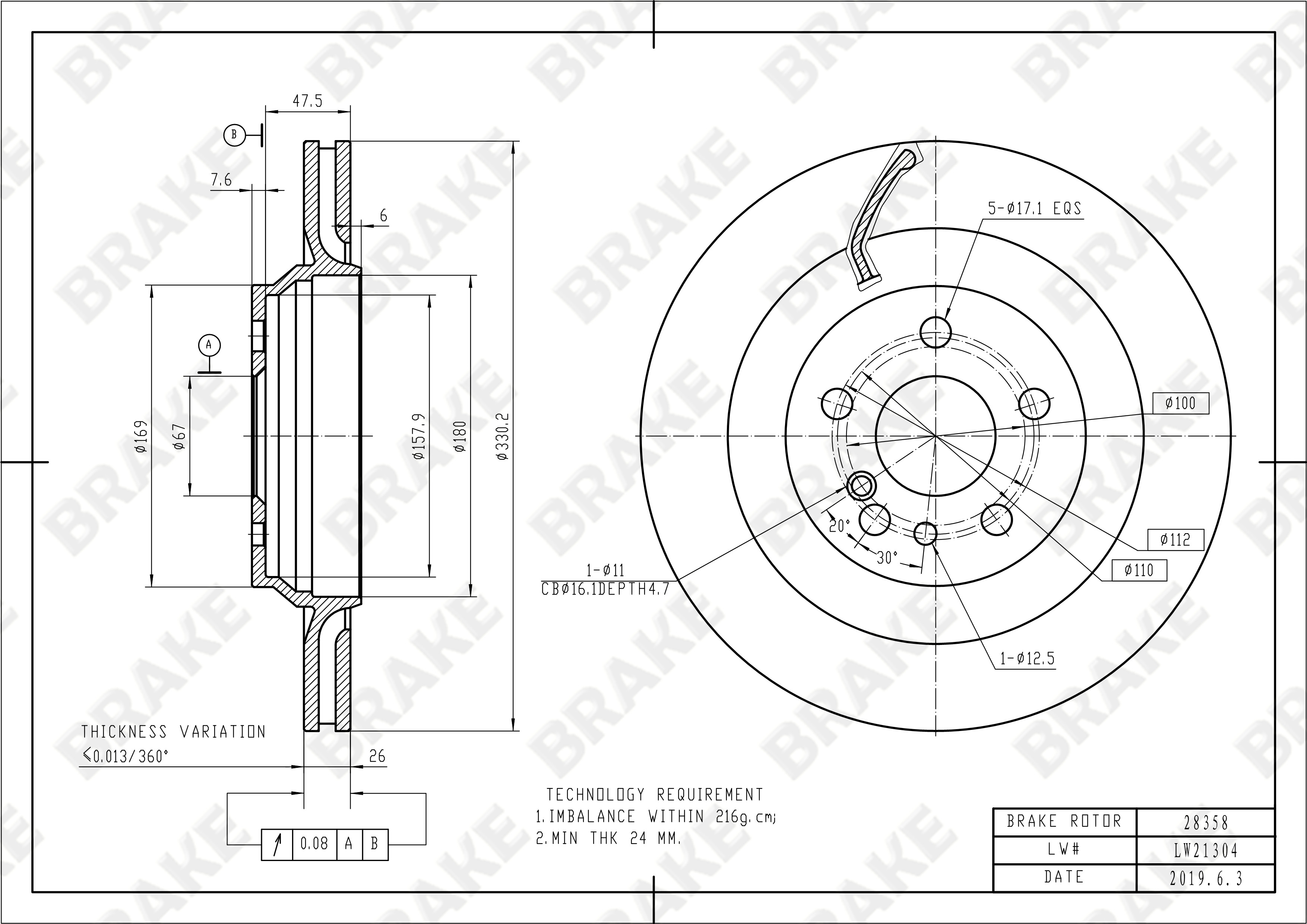 奔驰 S级AMG 2012款 AMG S 63 BRAKE EK28358 后刹车盘 直径:330;节圆直径:112;中心孔直径:67;制动盘厚度:26;最小厚度:23.4;固定孔数量:5;总高:61;制动盘类型:通风盘 