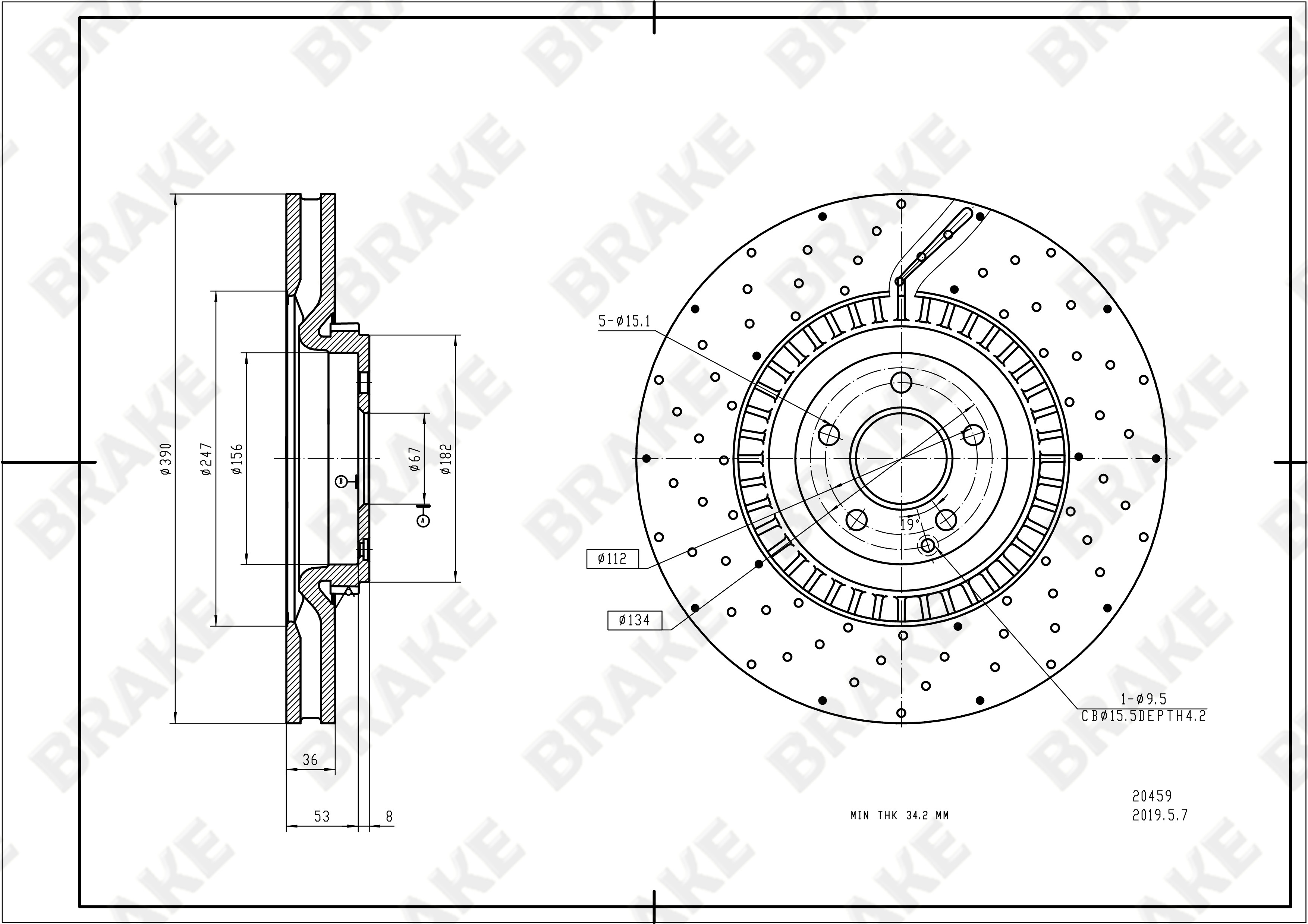 奔驰 S级AMG 2010款 S 63 6.2 手自一体(156984) BRAKE EK20459 前刹车盘 直径:390;节圆直径:112;中心孔直径:67;制动盘厚度:36;最小厚度:33.4;总高:60;固定孔数量:5;制动盘类型:通风盘 