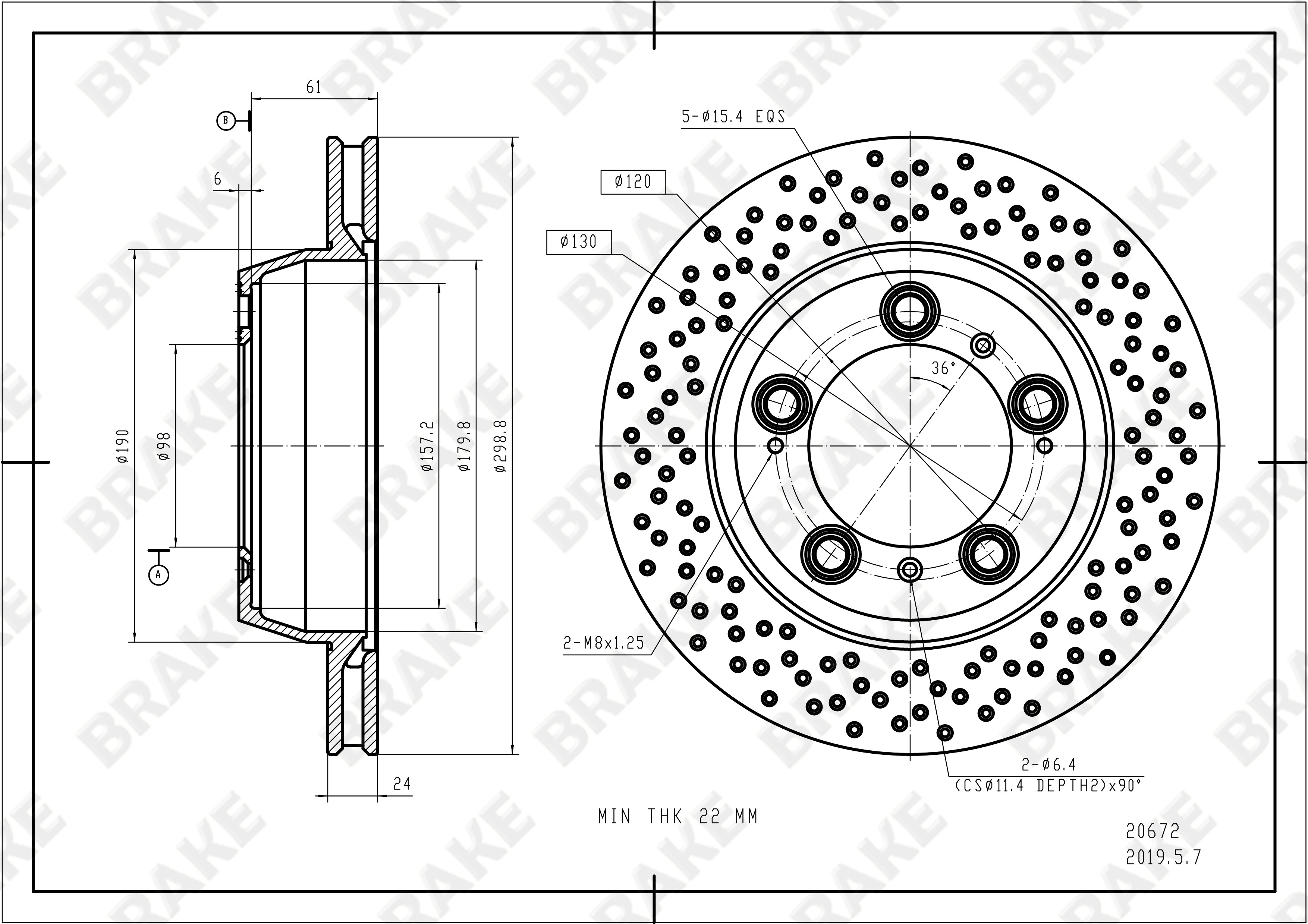 保时捷 Cayman 2006款 S AT 3.4L(M97/21) BRAKE EK20672 后刹车盘 直径:299;节圆直径:130;中心孔直径:98;制动盘厚度:24;最小厚度:24;固定孔数量:5;总高:67;制动盘类型:通风盘 