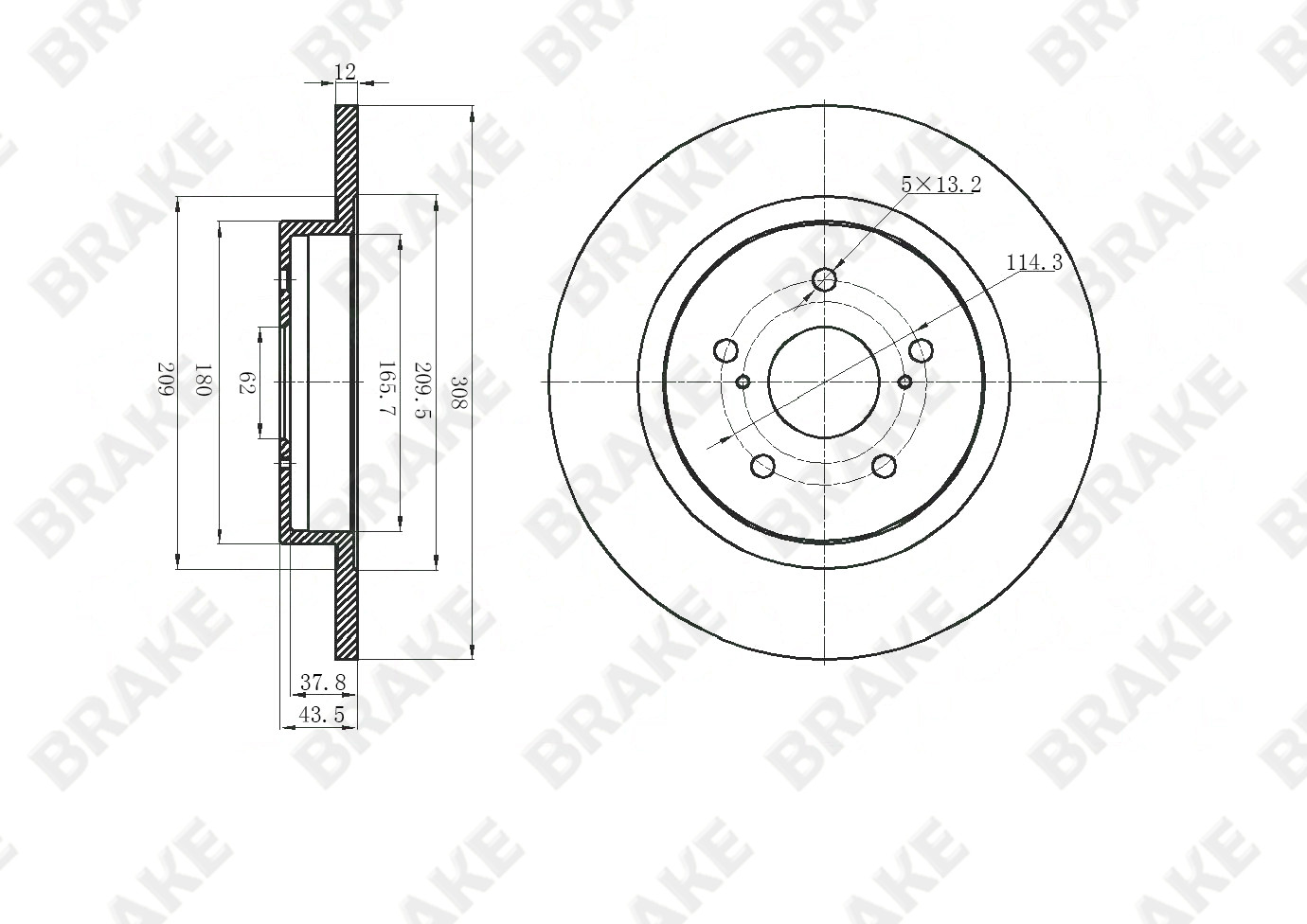 吉利汽车 博瑞GE新能源 2022款 1.5T PHEV 行政版(JLH-3G15TD) BRAKE EK12582 后刹车盘 直径:308;节圆直径:114.3;中心孔直径:62;制动盘厚度:12;最小厚度:10;固定孔数量:5;总高:44;制动盘类型:实心盘 