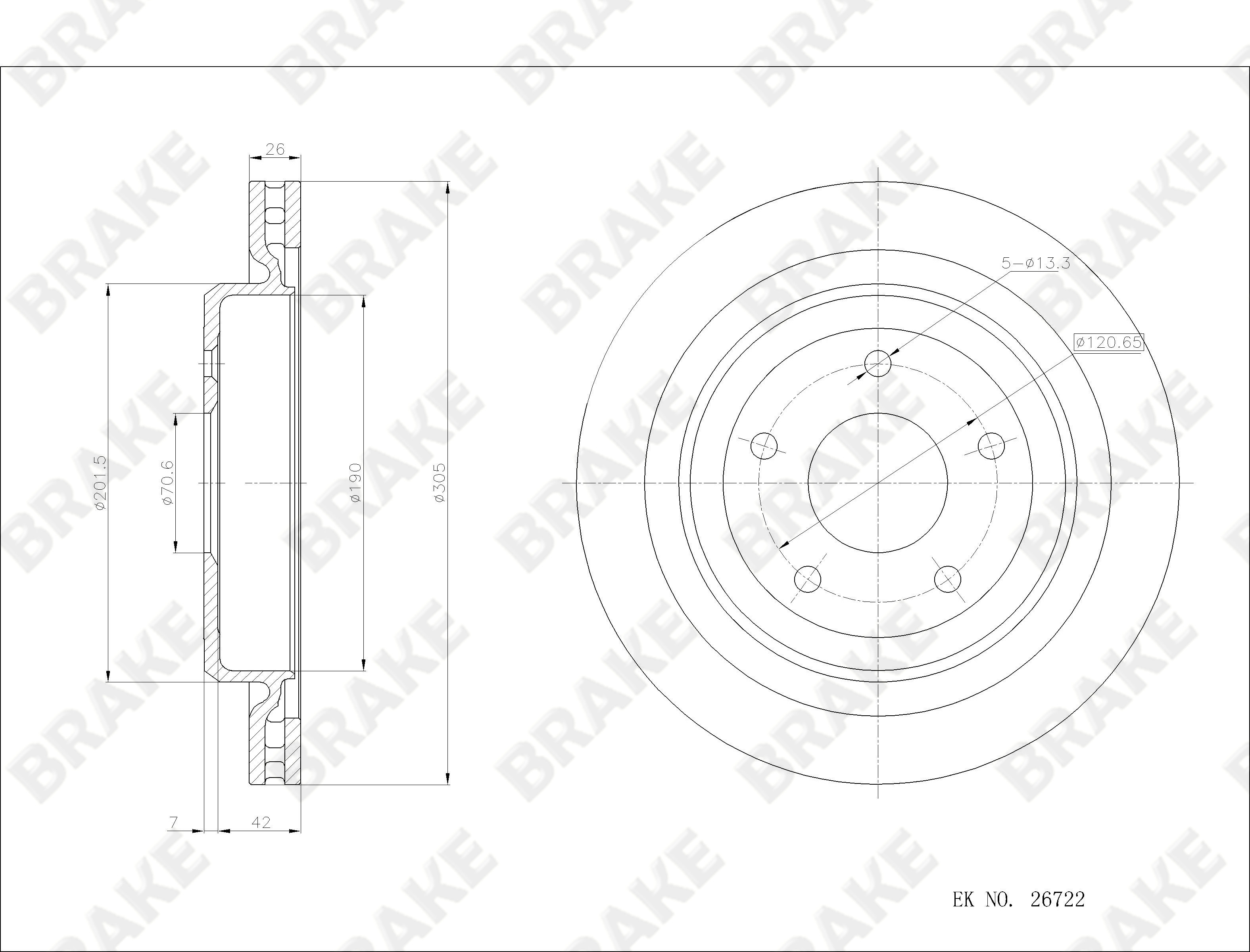 凯迪拉克 XLR 2008款 4.6L(LH2) BRAKE EK26722 后刹车盘 直径:305;节圆直径:120.65;中心孔直径:70.74;制动盘厚度:26;最小厚度:24;固定孔数量:5;总高:49;制动盘类型:通风盘 