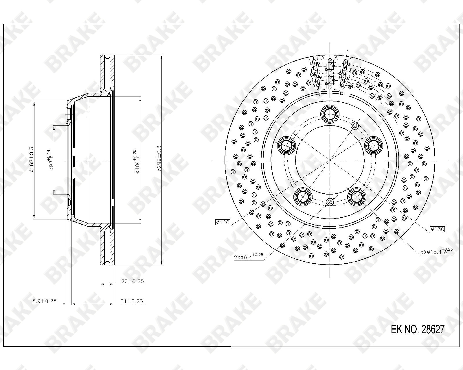保时捷 Cayman 2013款 2.7L(MA122CV) BRAKE EK28627 后刹车盘 直径:299;节圆直径:130;中心孔直径:98.1;制动盘厚度:20;最小厚度:18.4;固定孔数量:5;总高:67;制动盘类型:通风盘 