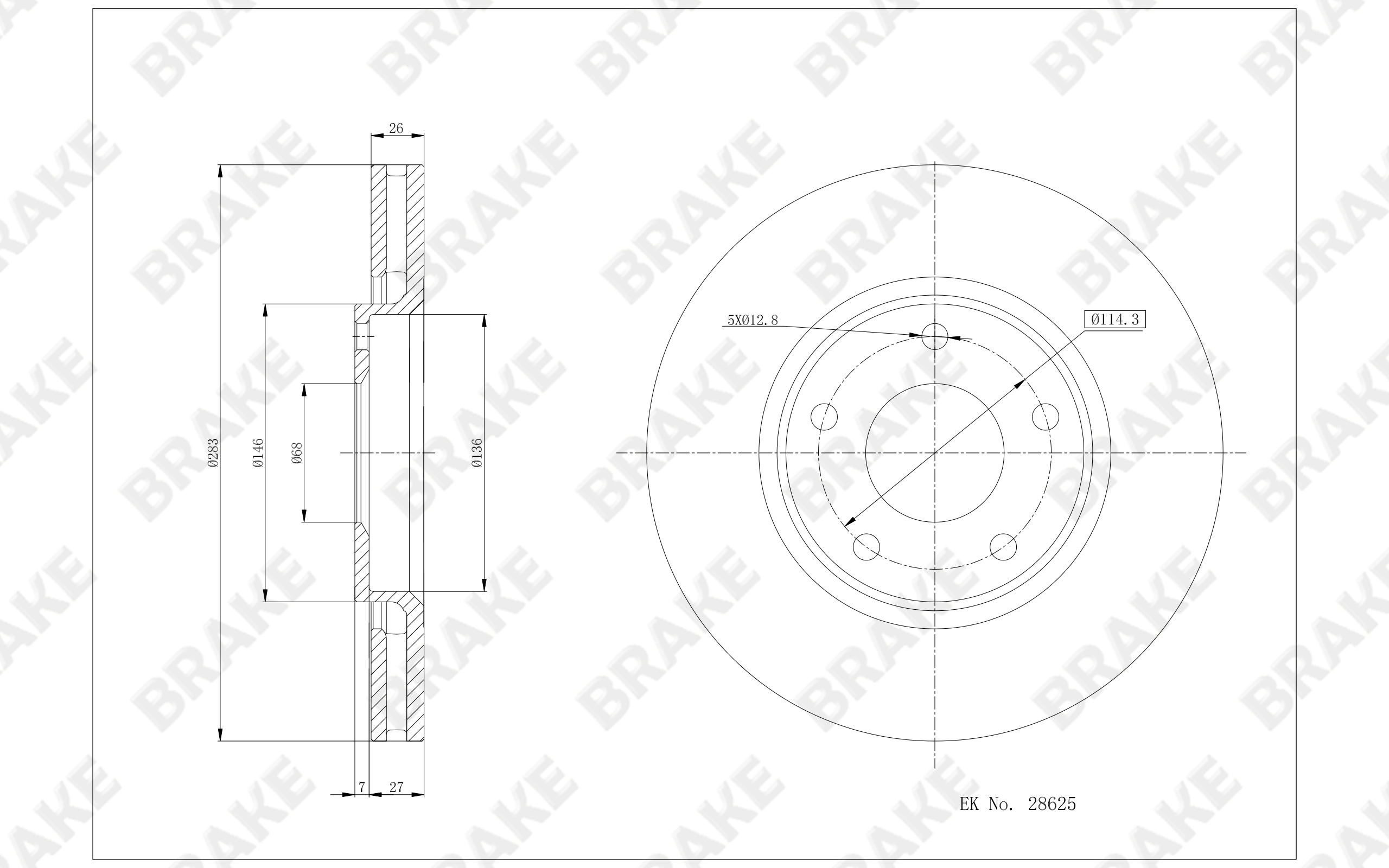 东风 帅客 2011款 1.6L 手动实用型7座(TU5JP4) BRAKE EK28625 前刹车盘 直径:283;节圆直径:114.3;中心孔直径:68;制动盘厚度:26;最小厚度:24;总高:34;固定孔数量:5;制动盘类型:通风盘 
