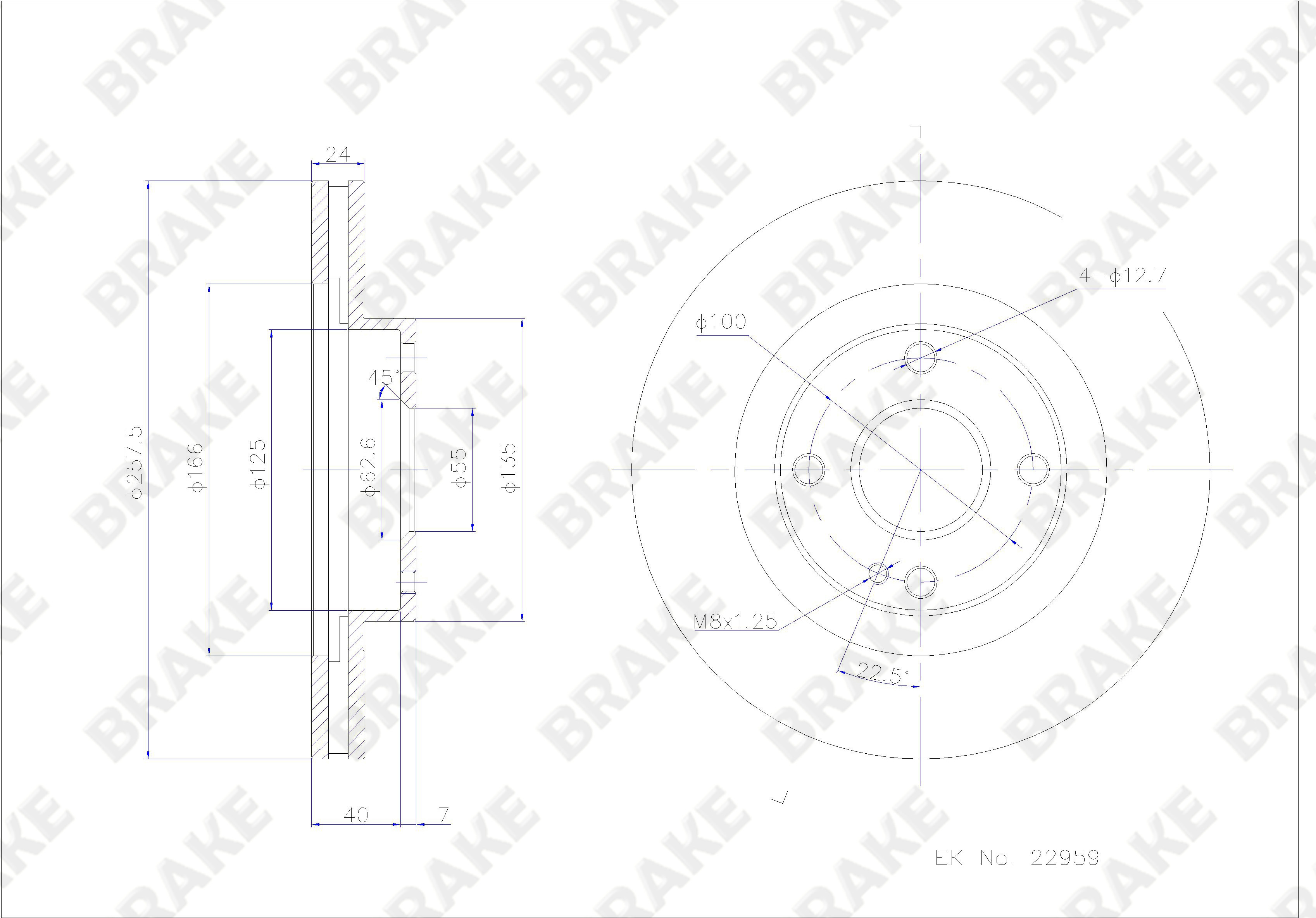 海马 福美来 2009款 1.6L 自动超值版(ZM-D) BRAKE EK22959 前刹车盘 直径:258;节圆直径:100;中心孔直径:55;制动盘厚度:24;最小厚度:22;总高:47;固定孔数量:4;制动盘类型:通风盘 