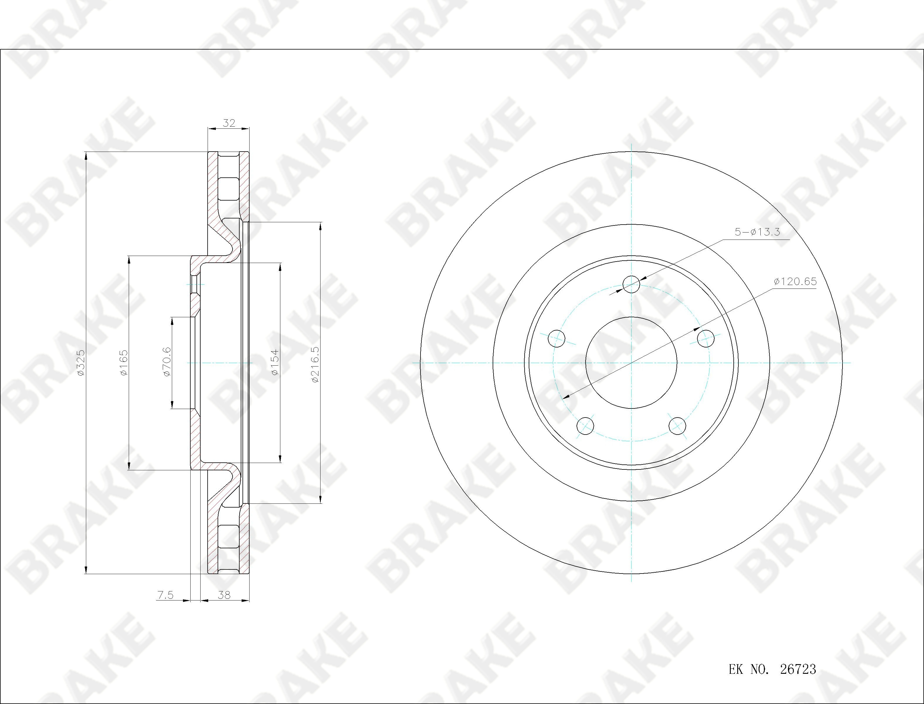 凯迪拉克 XLR 2008款 4.6L(LH2) BRAKE EK26723 前刹车盘 直径:325;节圆直径:120.65;中心孔直径:70.74;制动盘厚度:32;最小厚度:30;总高:46;固定孔数量:5;制动盘类型:通风盘 