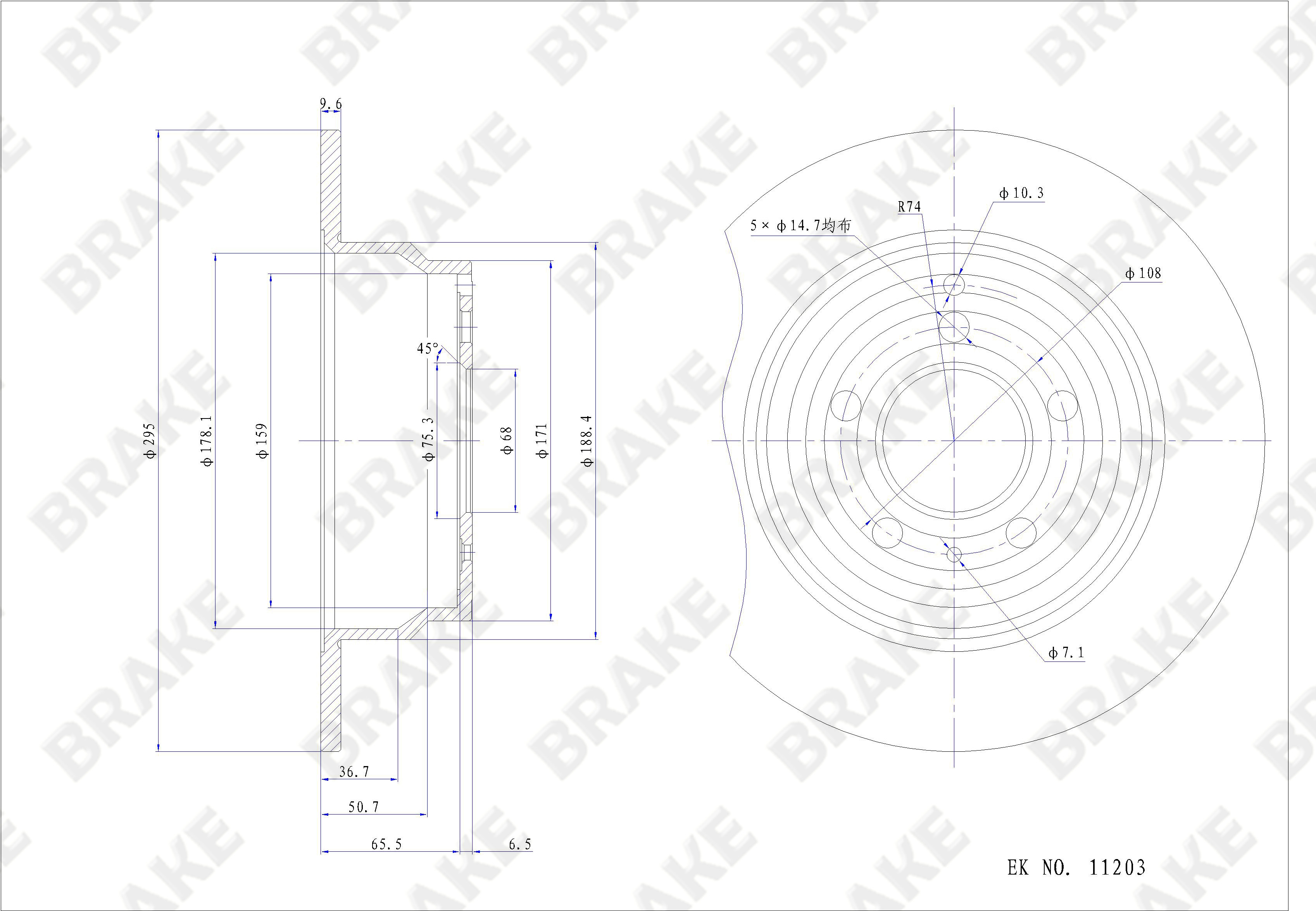 沃尔沃 C70 2004款 2.3T Convertible(B5234T4) BRAKE EK11203 后刹车盘 直径:295;节圆直径:108;中心孔直径:68;制动盘厚度:10;最小厚度:8.4;固定孔数量:5;总高:72;制动盘类型:实心盘 