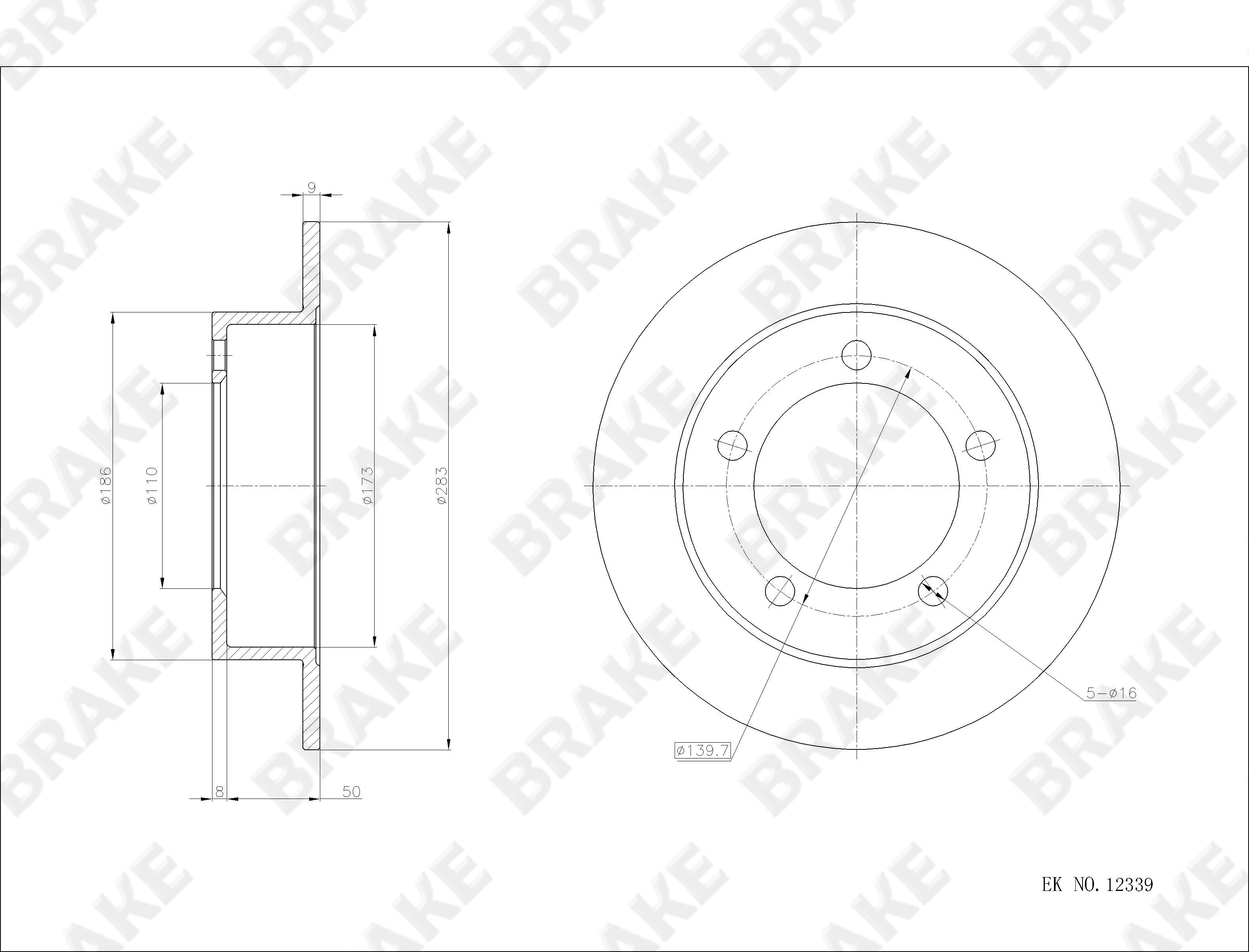 Jeep 北京JEEP 2000款 新城市猎人 BJ2020VB 2.5手动 四驱(C498QA1) BRAKE EK12339 后刹车盘 直径:283;节圆直径:139.7;中心孔直径:110;制动盘厚度:9;最小厚度:7;固定孔数量:5;总高:58;制动盘类型:实心盘 