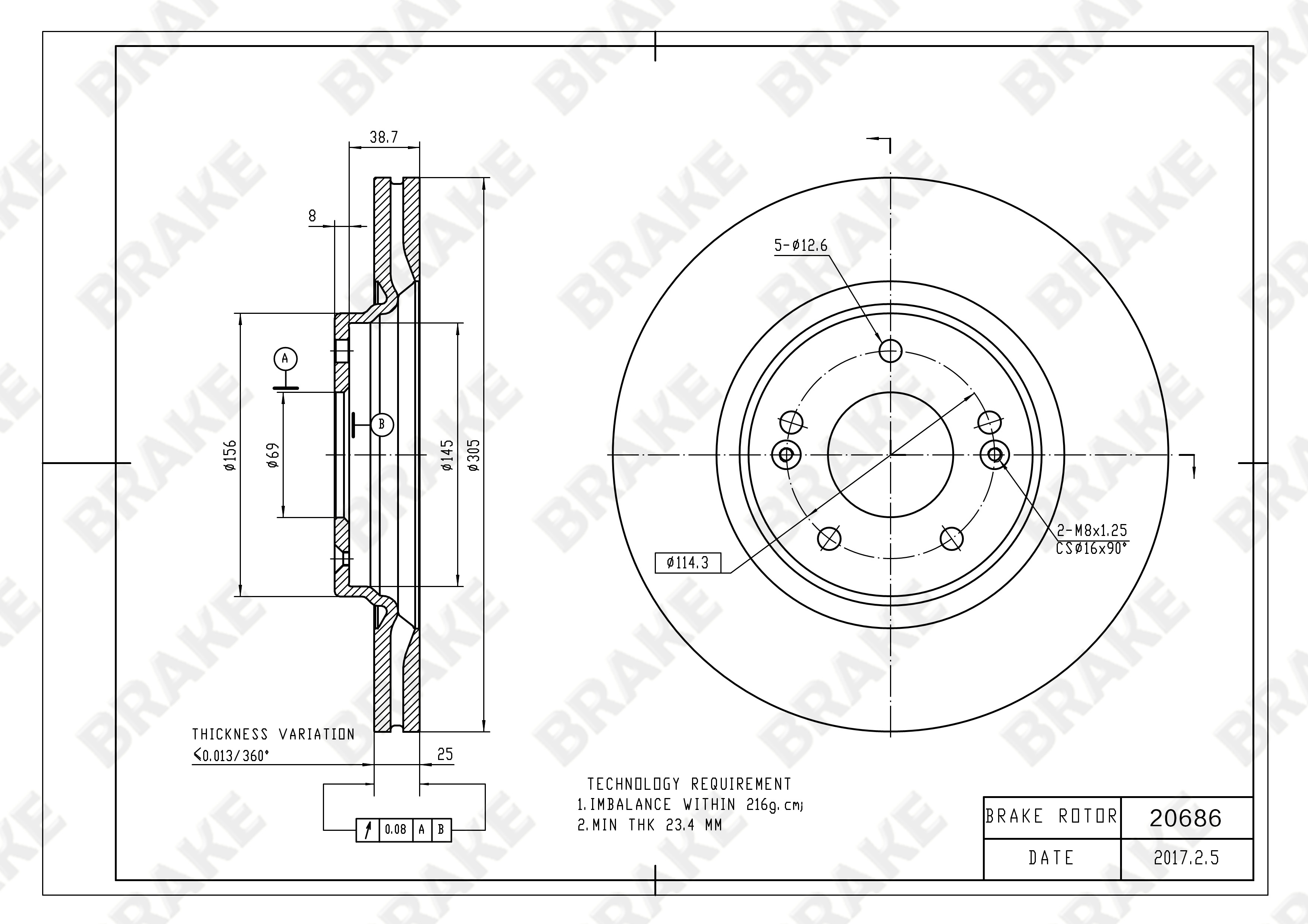 现代 途胜 2015款 1.6T 双离合四驱尊贵型(G4FJ) BRAKE EK20686 前刹车盘 直径:305;节圆直径:114.3;中心孔直径:69;制动盘厚度:25;最小厚度:23;总高:47;固定孔数量:5;制动盘类型:通风盘 