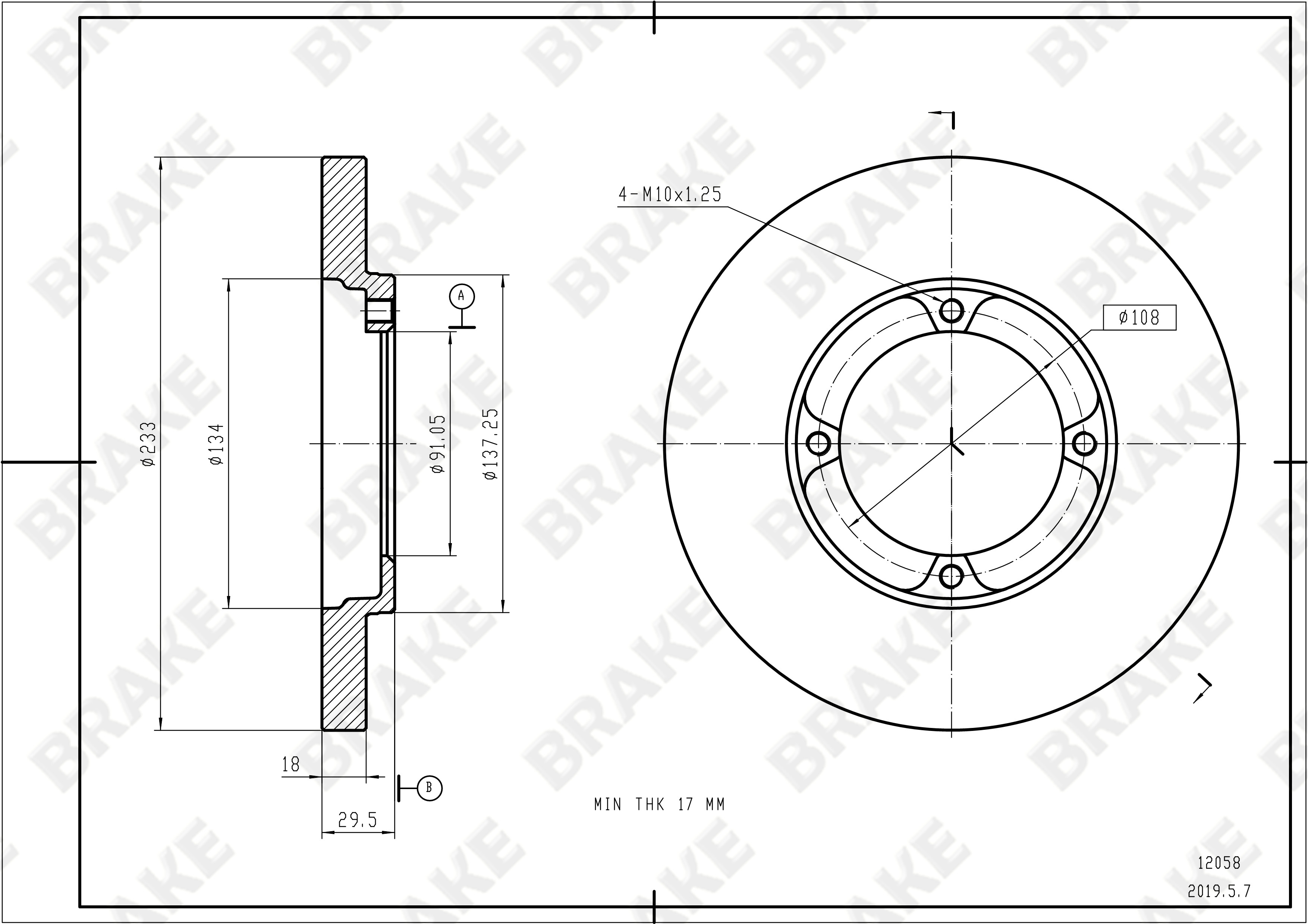 一汽 森雅S80 2011款 1.5L 手动7座舒适版(3SZ-VE3) BRAKE EK12058 前刹车盘 直径:233;节圆直径:108;中心孔直径:91.05;制动盘厚度:18;最小厚度:17;总高:30;固定孔数量:4;制动盘类型:实心盘 