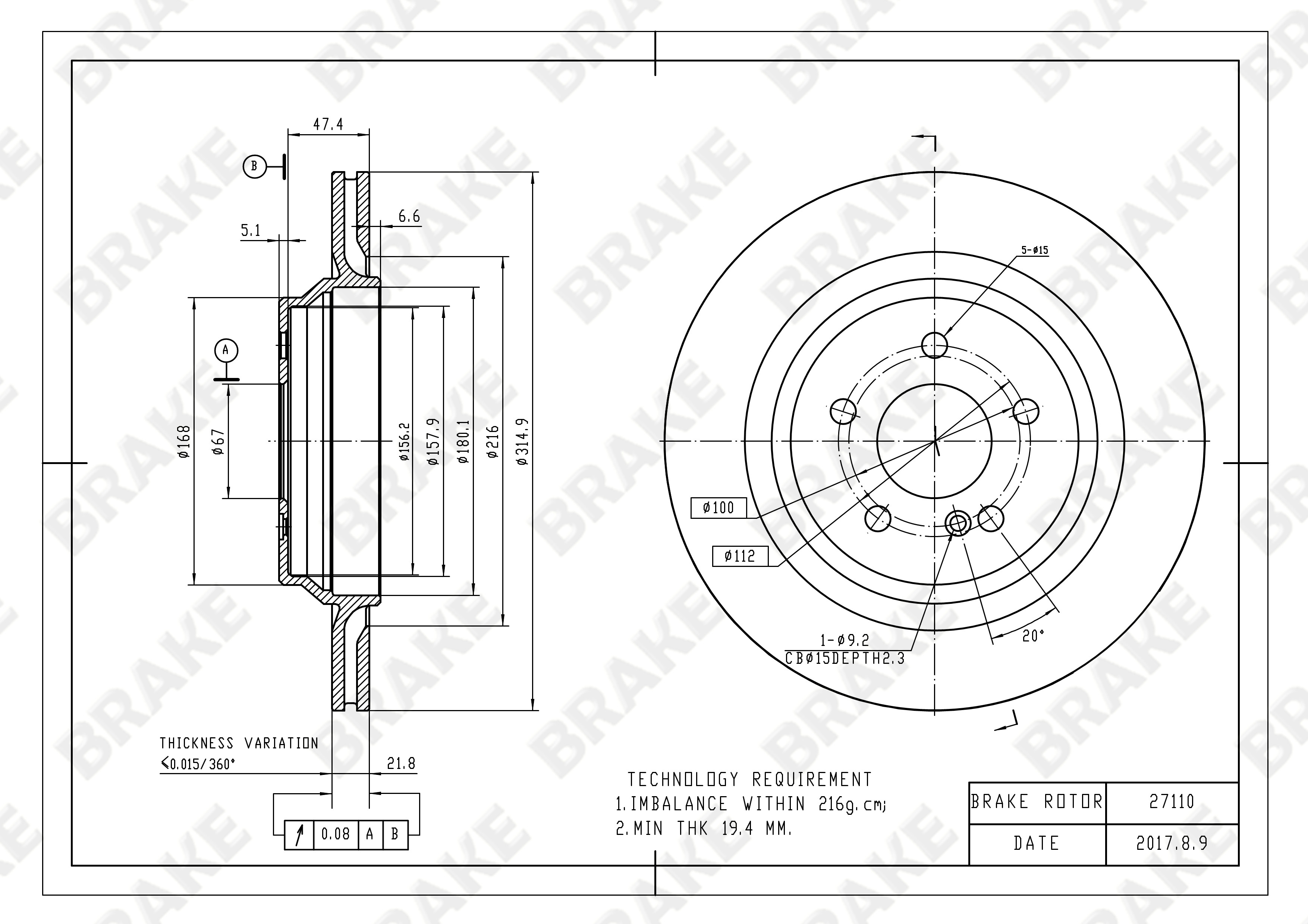 奔驰 S级AMG 2012款 AMG S 63 BRAKE EK27110 后刹车盘 直径:315;节圆直径:112;中心孔直径:67;制动盘厚度:22;最小厚度:19.4;固定孔数量:5;总高:59;制动盘类型:通风盘 