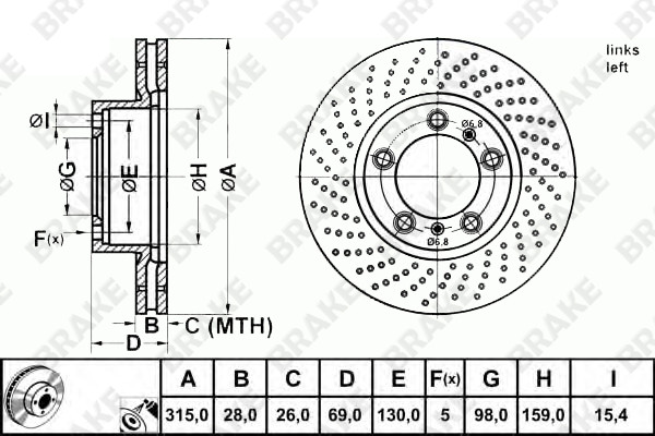 保时捷 Cayman 2013款 2.7L(MA122CV) BRAKE EK20965 前刹车盘 直径:315;节圆直径:130;中心孔直径:98;制动盘厚度:28;最小厚度:26;总高:69;固定孔数量:5;制动盘类型:通风盘 