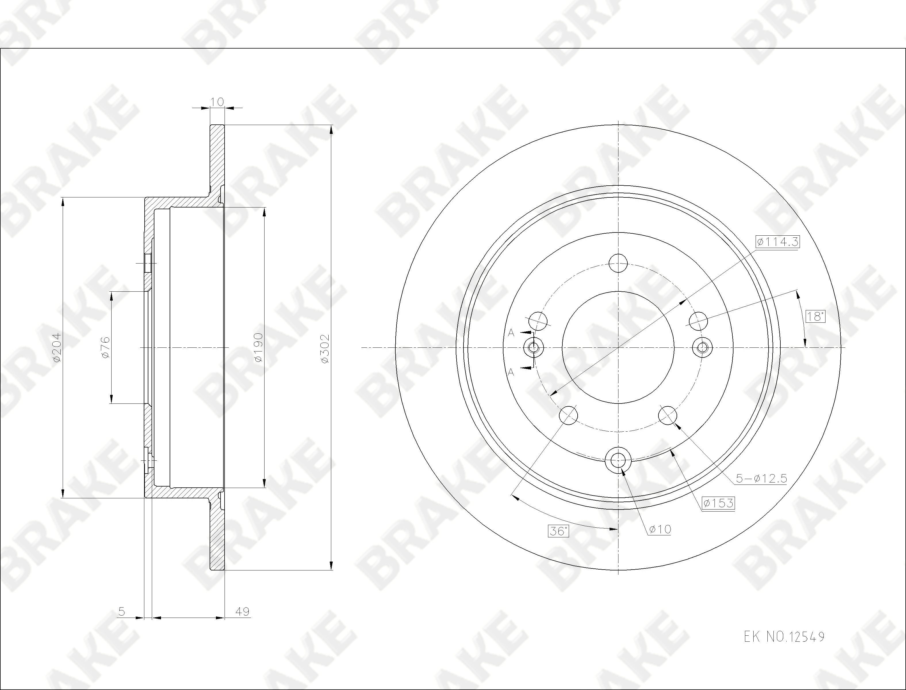 现代 途胜 2015款 2.0L 自动两驱智能型(G4NC) BRAKE EK12549 后刹车盘 直径:302;节圆直径:114.3;中心孔直径:76;制动盘厚度:10;最小厚度:8;固定孔数量:5;总高:54;制动盘类型:实心盘 