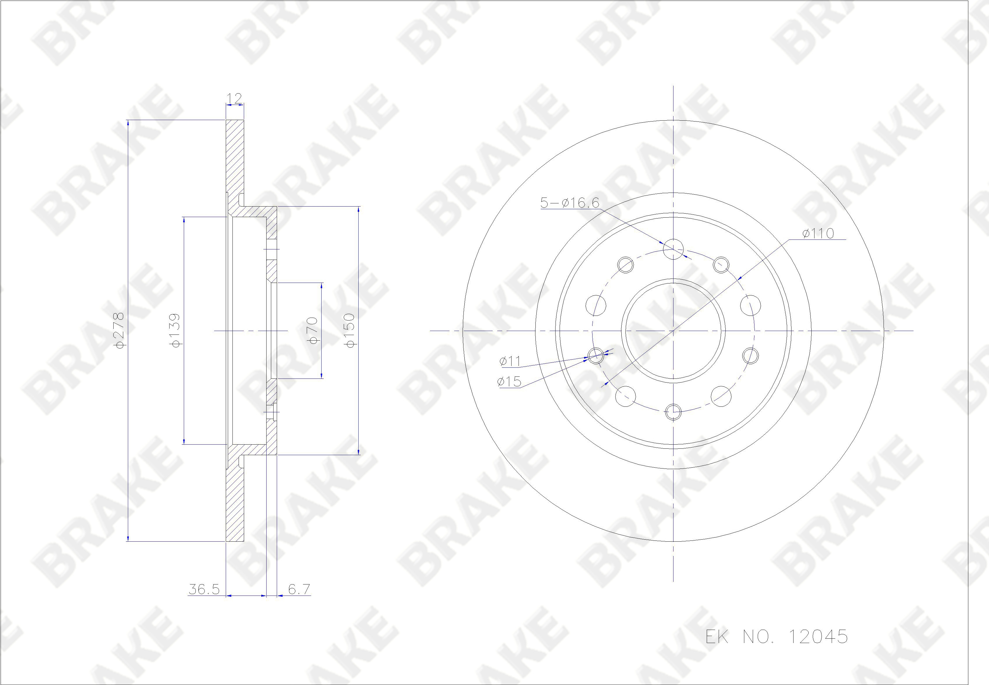 Jeep 指南者 2019款 200TS 自动高性能四驱-互联大屏版(M096) BRAKE EK12045 后刹车盘 直径:278;节圆直径:110;中心孔直径:70;制动盘厚度:12;最小厚度:10;固定孔数量:5;总高:43;制动盘类型:实心盘 