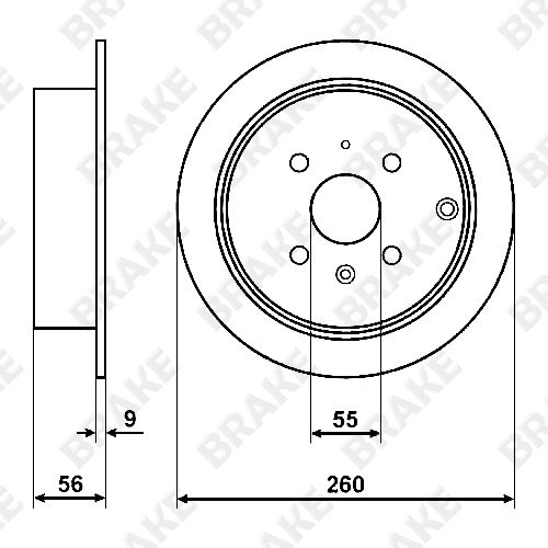 长安 悦翔V5 2012款 1.5L 自动梦幻型(JL478QCA) BRAKE EK12406 后刹车盘 直径:260;节圆直径:100;中心孔直径:55;制动盘厚度:9;最小厚度:7.5;固定孔数量:4;总高:56;制动盘类型:实心盘 