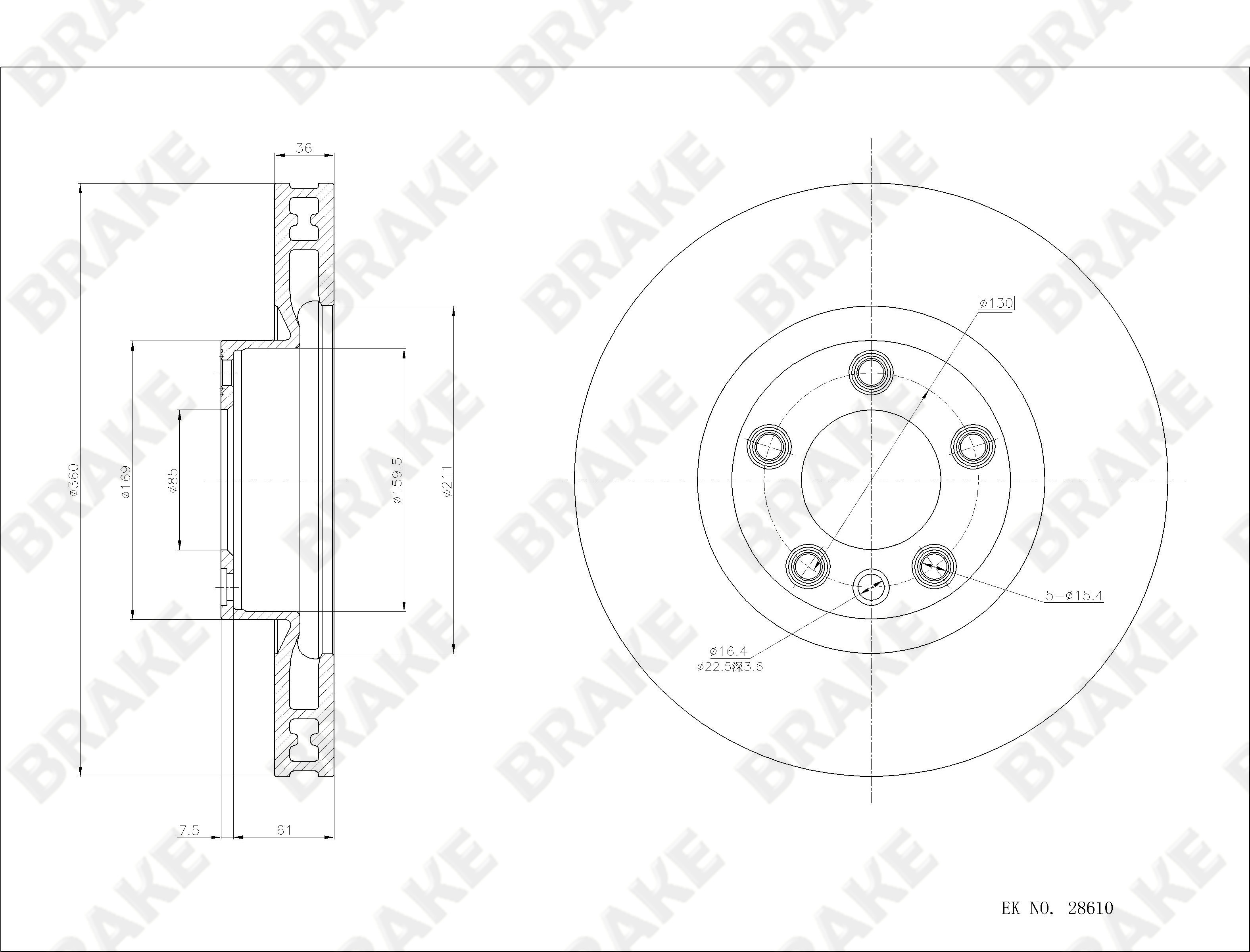 大众 途锐 2015款 3.0TSI R-Line 豪华型(CJT) BRAKE EK28610 前刹车盘 直径:360;节圆直径:130;中心孔直径:85.06;制动盘厚度:36;最小厚度:34;总高:69;固定孔数量:5;制动盘类型:通风盘 