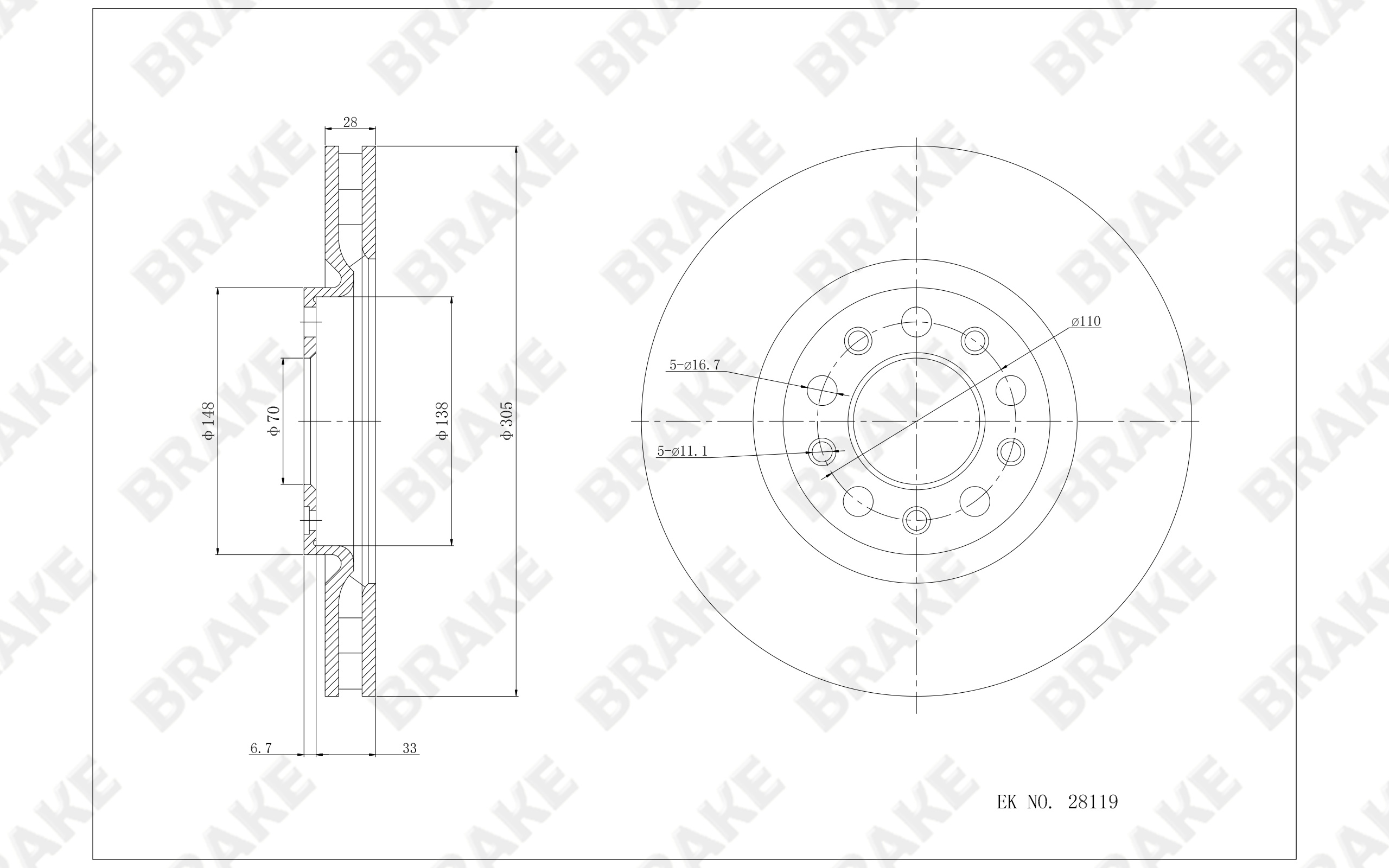 Jeep 指南者 2019款 200TS 自动高性能四驱-互联大屏版(M096) BRAKE EK28119 前刹车盘 直径:305;节圆直径:110;中心孔直径:69.99;制动盘厚度:28;最小厚度:26;总高:40;固定孔数量:5;制动盘类型:通风盘 