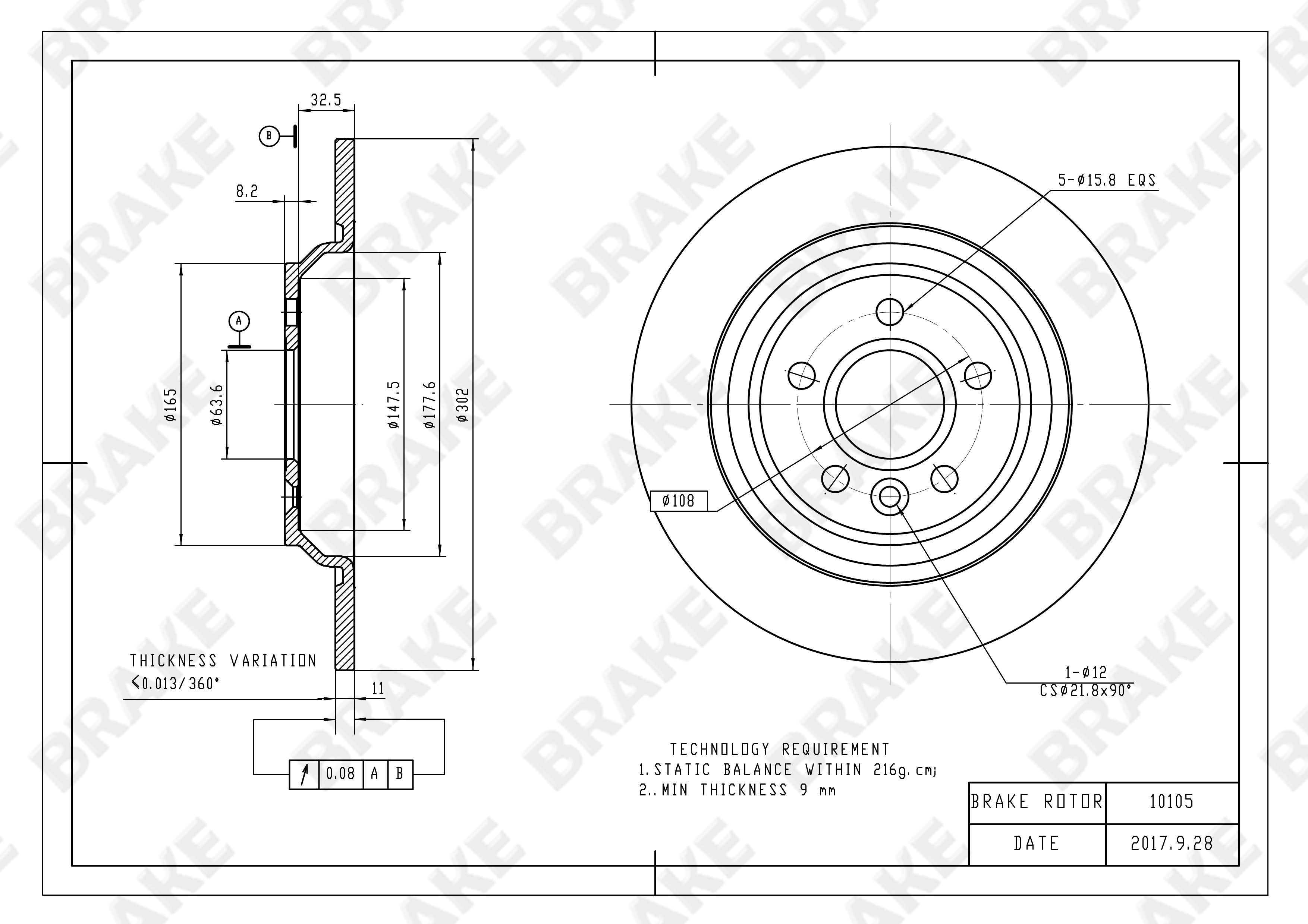 沃尔沃 S60 2013款 2.0T T5 智尚版(B5204T9) BRAKE EK10105 后刹车盘 直径:302;节圆直径:107.95;中心孔直径:63.6;制动盘厚度:11;最小厚度:9;固定孔数量:5;总高:41;制动盘类型:实心盘 