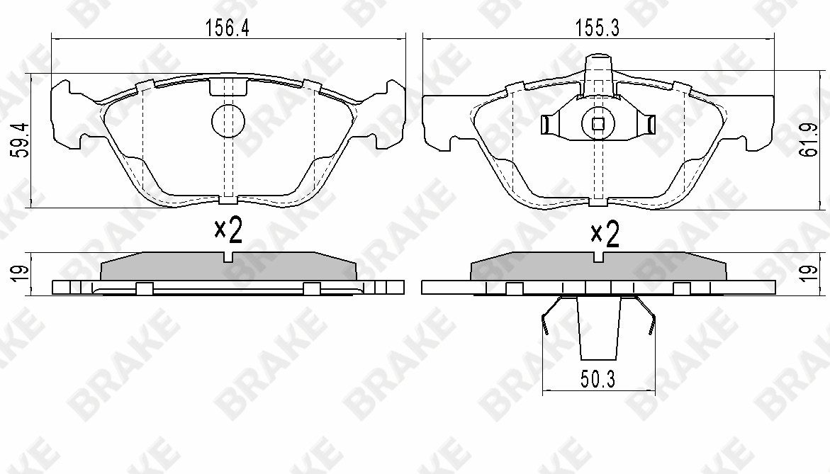 阿尔法·罗密欧 ALFA 156 2004款 2.0 AT(937A1000) BRAKE EK90614 前刹车片 宽度:156.3;高度:61.8;厚度:19 
