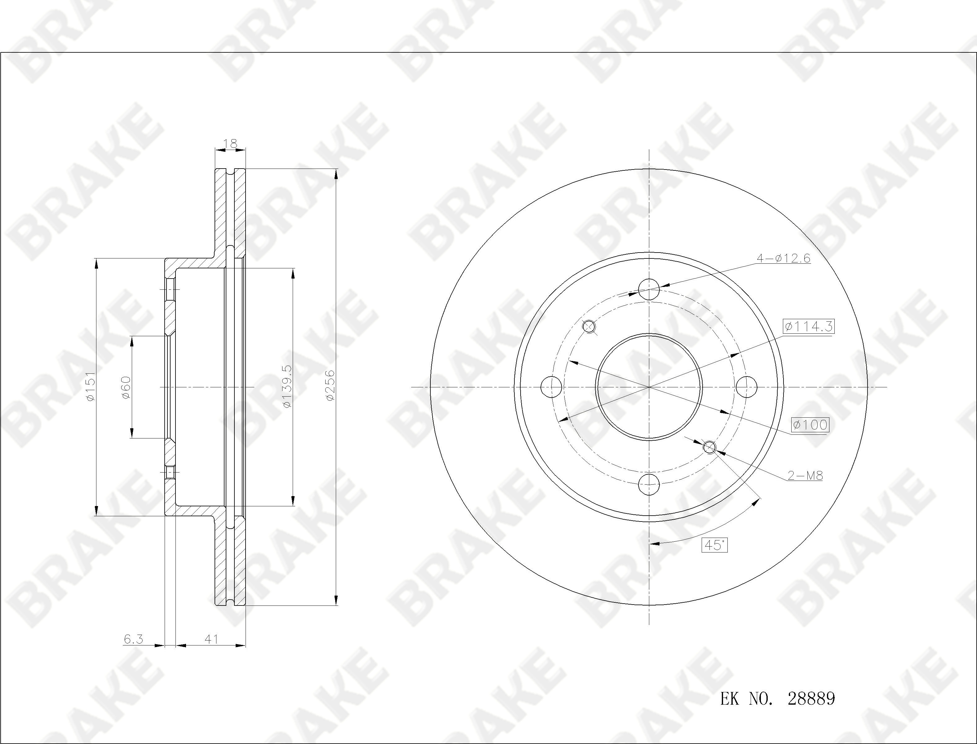 北汽威旺 威旺M20 2014款 1.5L标准型BJ415B BRAKE EK28889 前刹车盘 直径:256;节圆直径:114.3;中心孔直径:60;制动盘厚度:18;最小厚度:16;总高:47;固定孔数量:4;制动盘类型:通风盘 