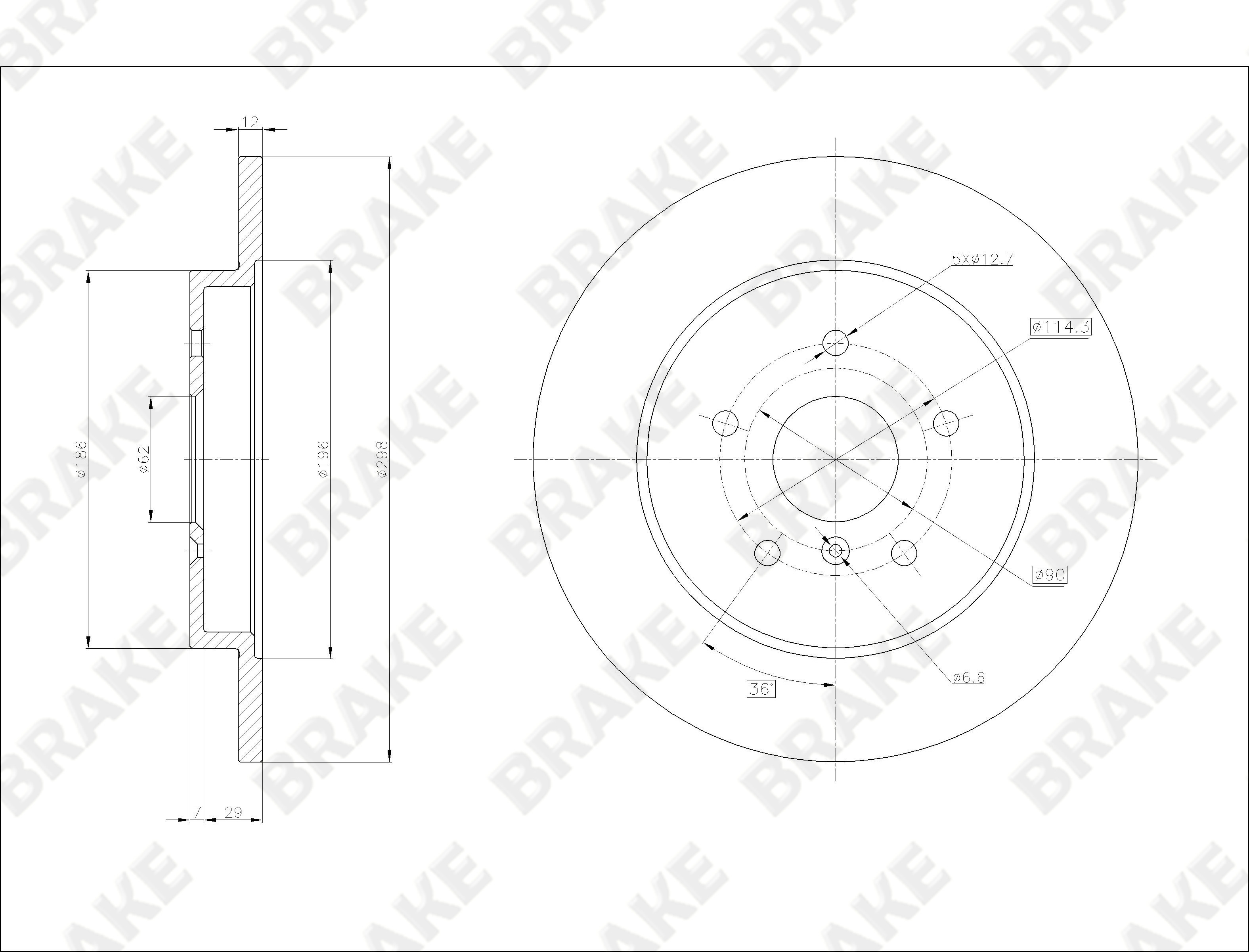 长安 CS75 2016款 2.0L 手动舒适型 国IV(JL486Q5) BRAKE EK12499 后刹车盘 直径:298;节圆直径:114.3;中心孔直径:62;制动盘厚度:12;最小厚度:10;固定孔数量:5;总高:36;制动盘类型:实心盘 